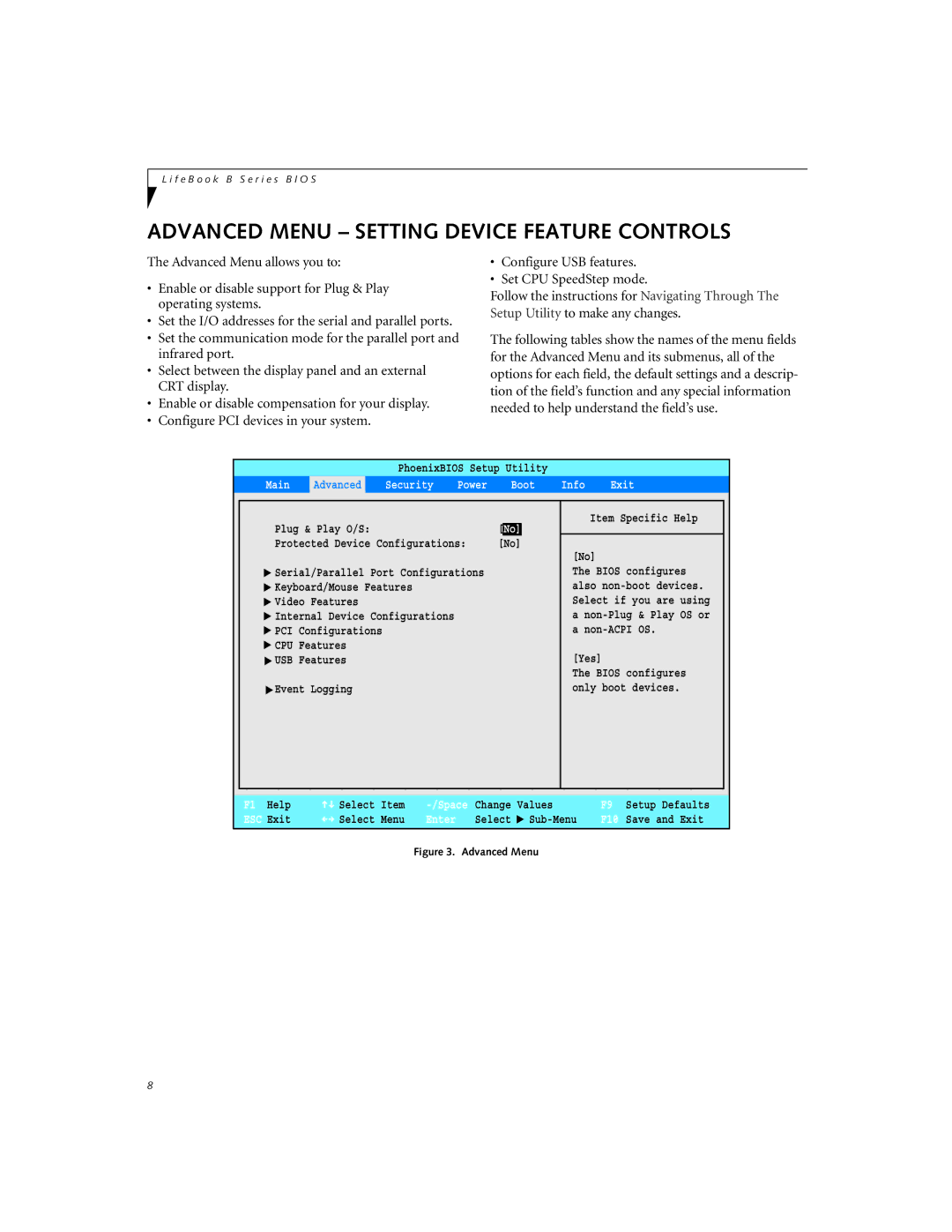 Fujitsu B-2562, B-2566 manual Advanced Menu Setting Device Feature Controls, Main, Security, Boot Info Exit 