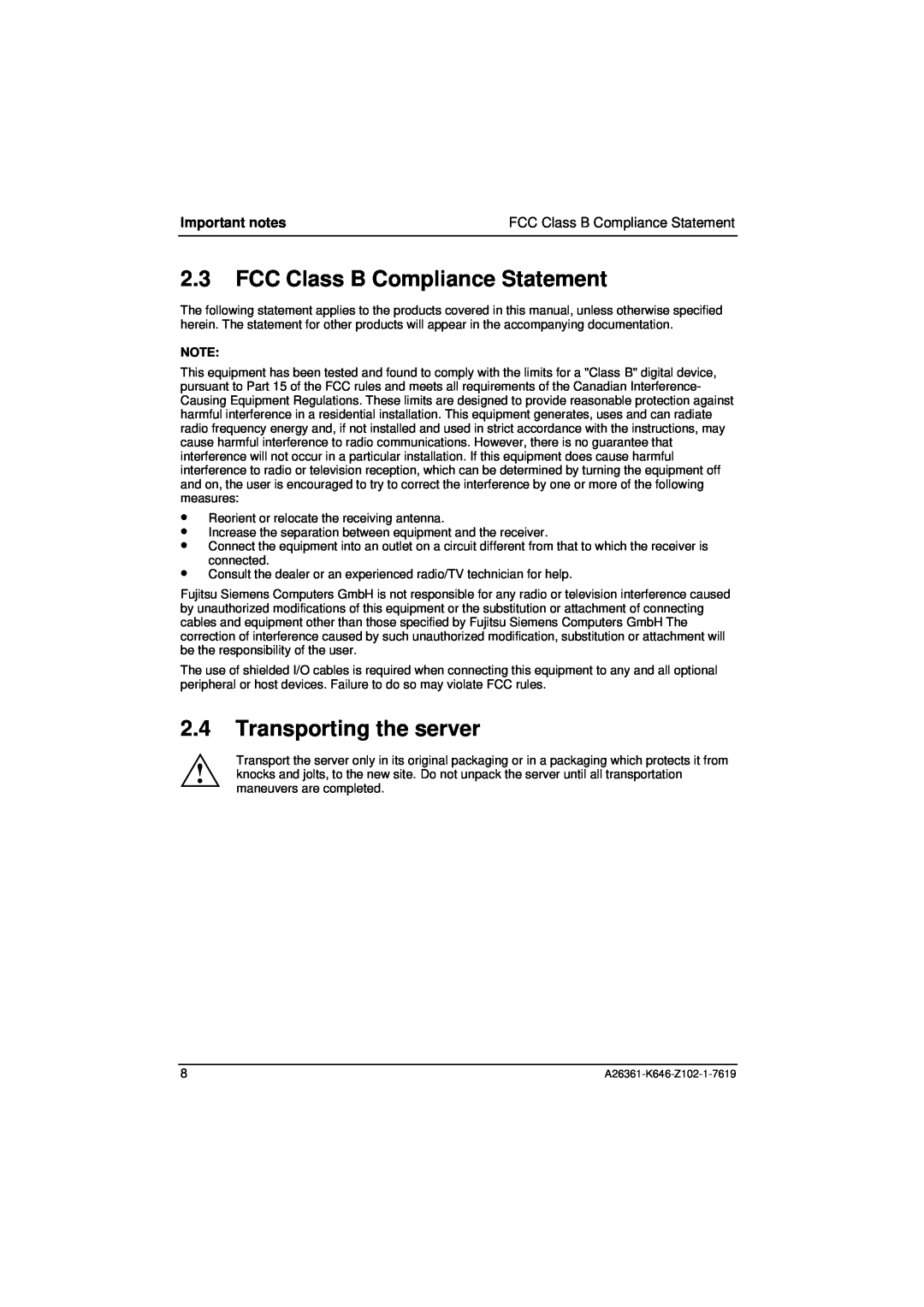 Fujitsu B120 manual FCC Class B Compliance Statement, Transporting the server, Important notes 