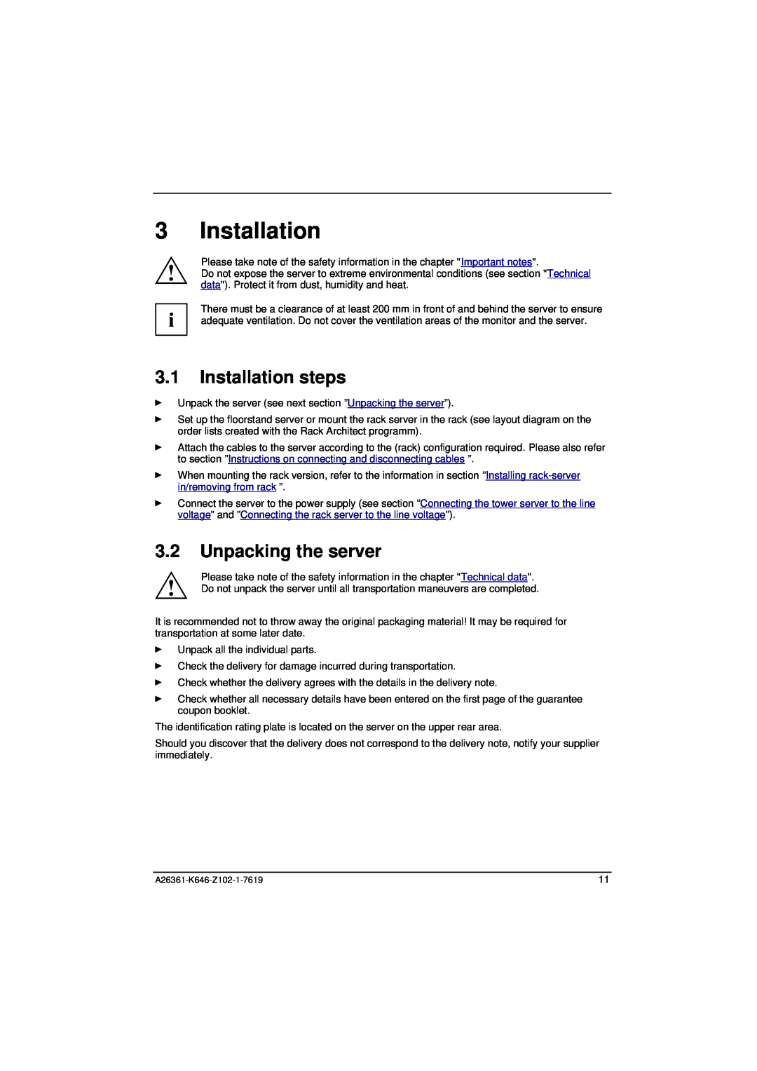 Fujitsu B120 manual Installation steps, Unpacking the server 