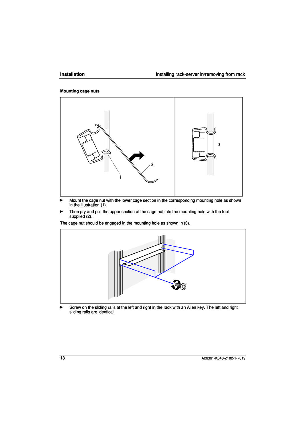 Fujitsu B120 manual Mounting cage nuts, Installation 