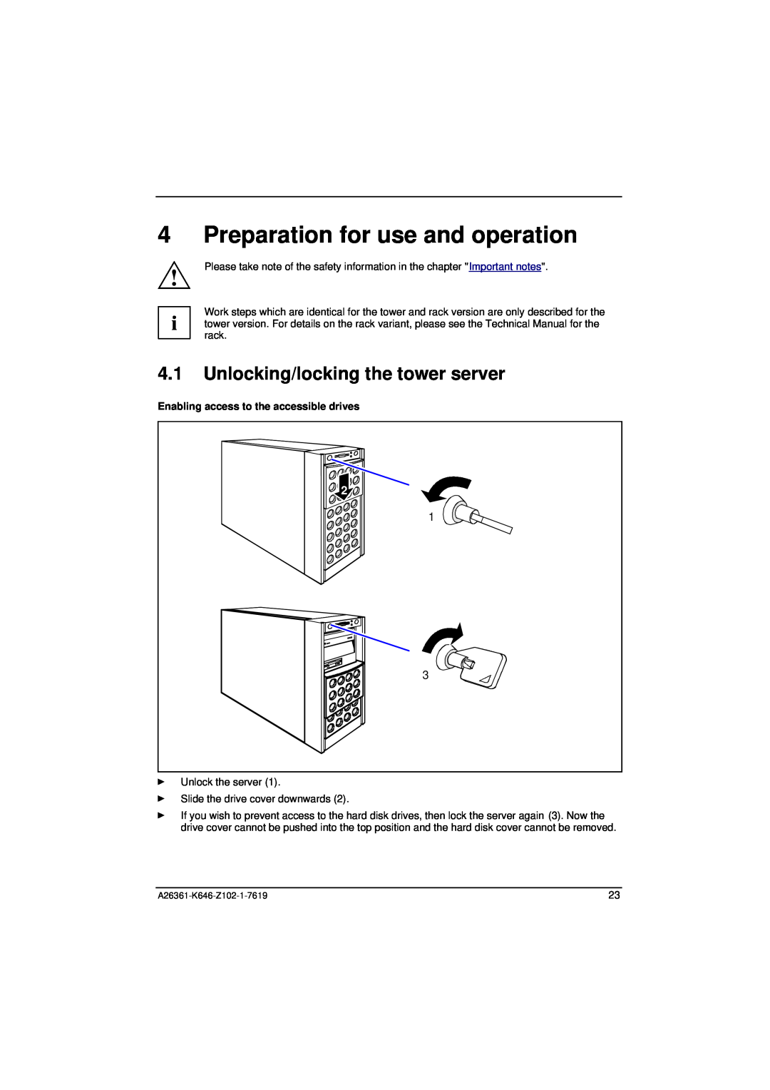 Fujitsu B120 manual Preparation for use and operation, Unlocking/locking the tower server 