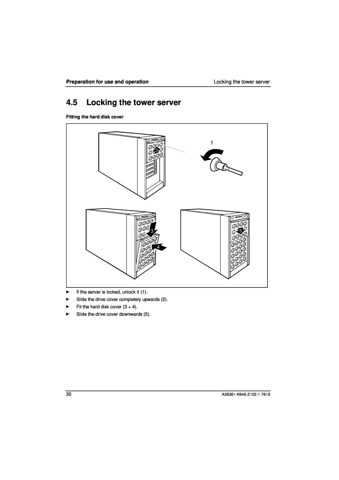 Fujitsu B120 manual Locking the tower server, Fitting the hard disk cover, Preparation for use and operation 
