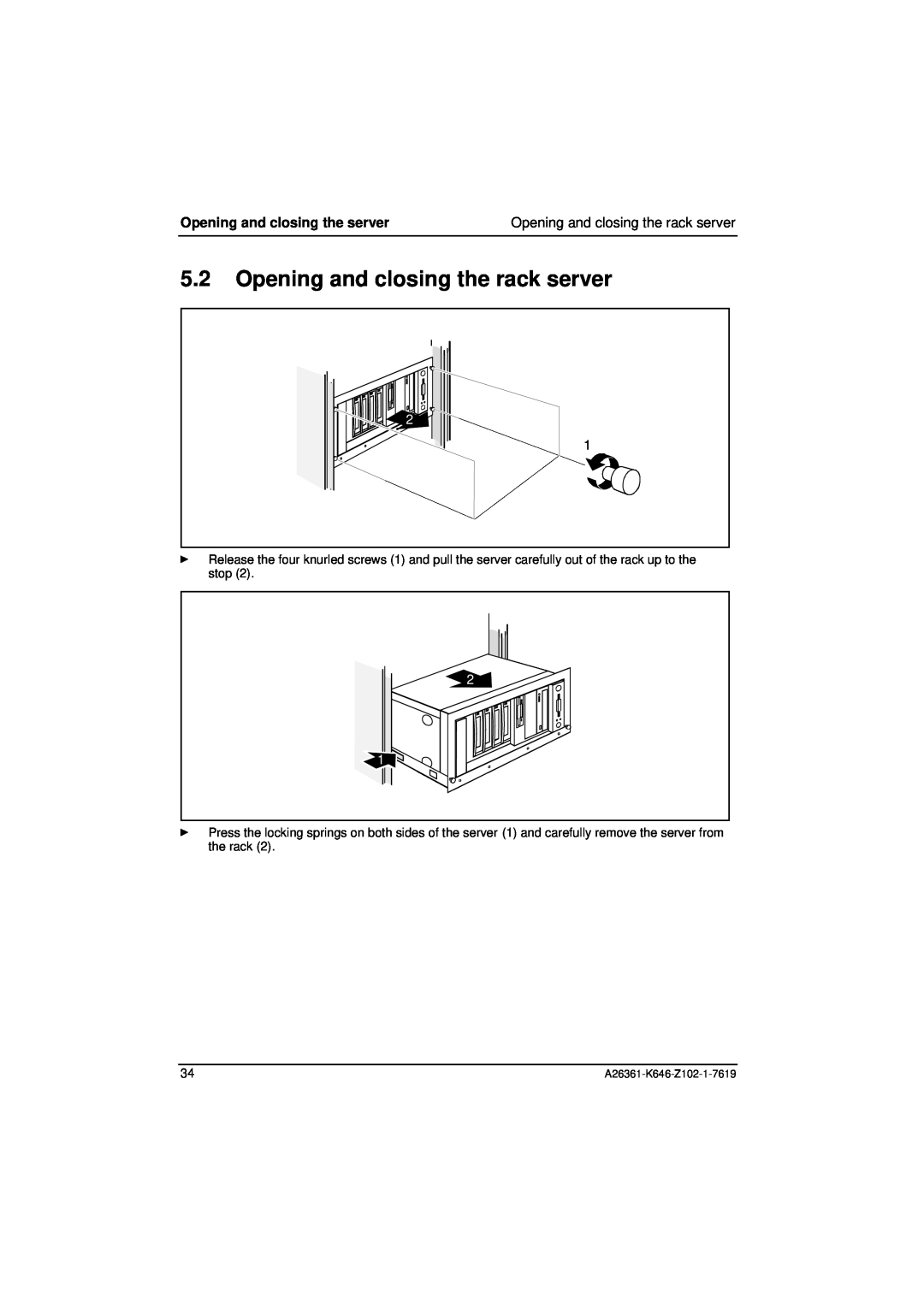 Fujitsu B120 manual Opening and closing the rack server, Opening and closing the server 