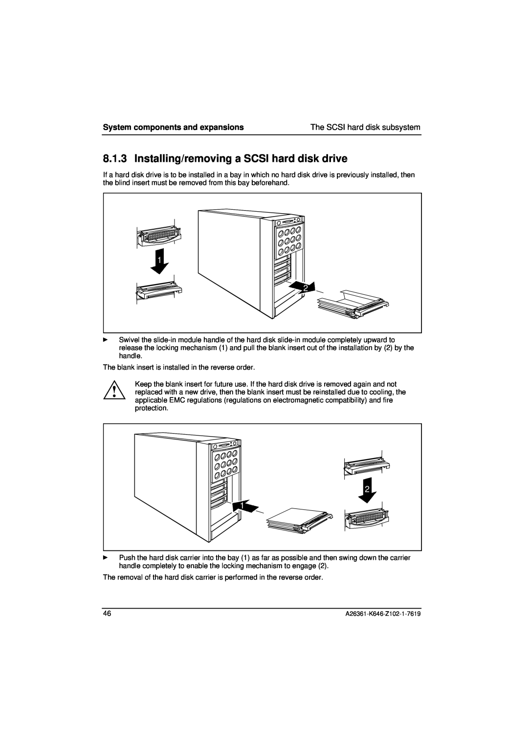 Fujitsu B120 manual Installing/removing a SCSI hard disk drive, System components and expansions 