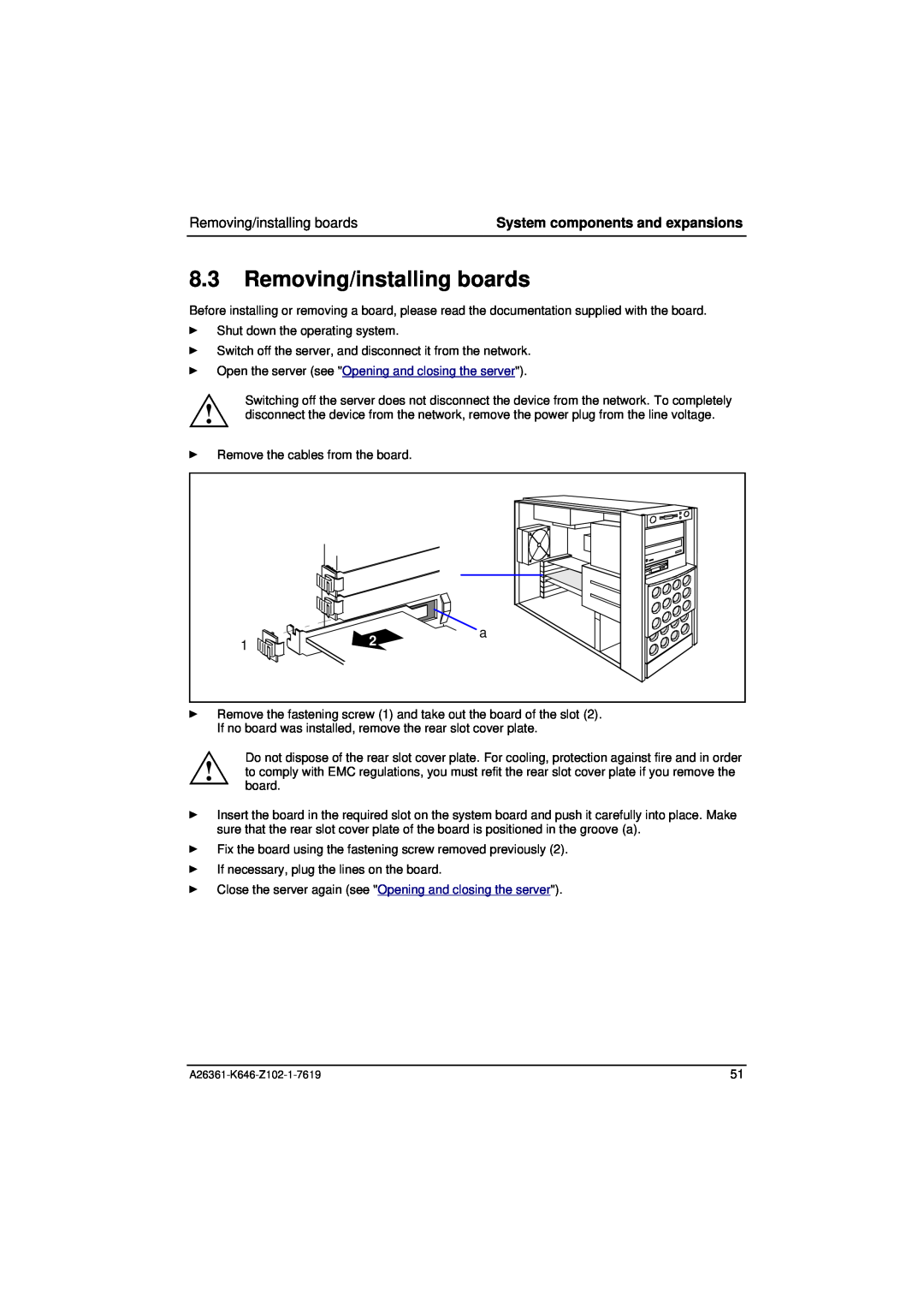 Fujitsu B120 manual Removing/installing boards, System components and expansions 