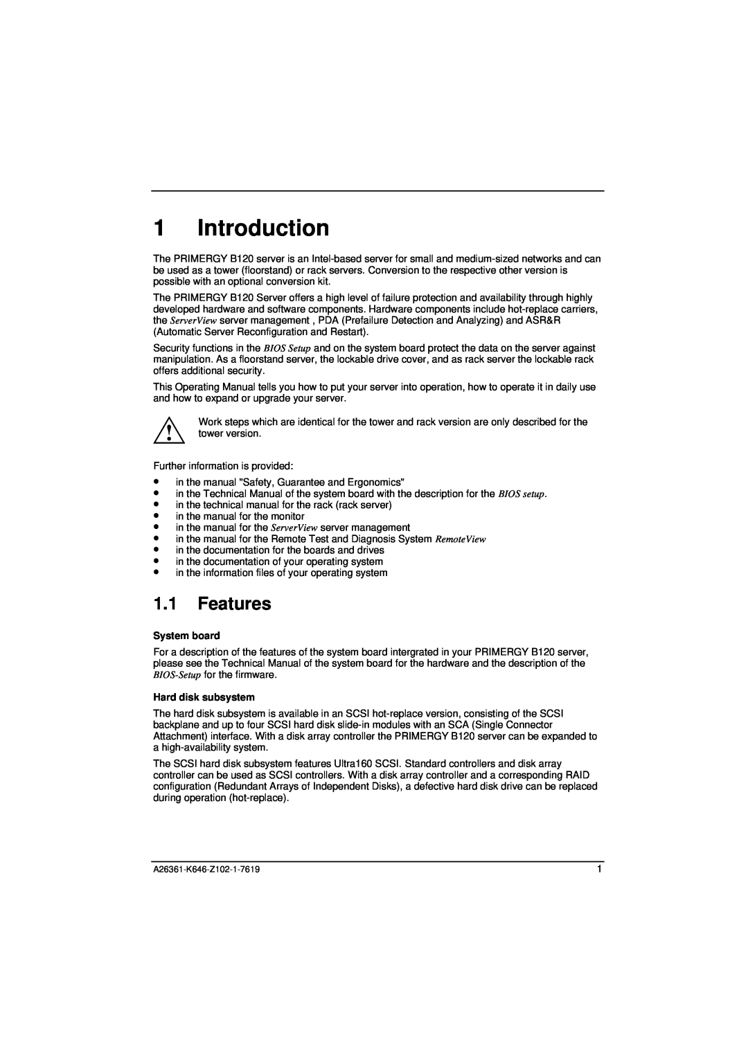 Fujitsu B120 manual Introduction, Features, System board, Hard disk subsystem 