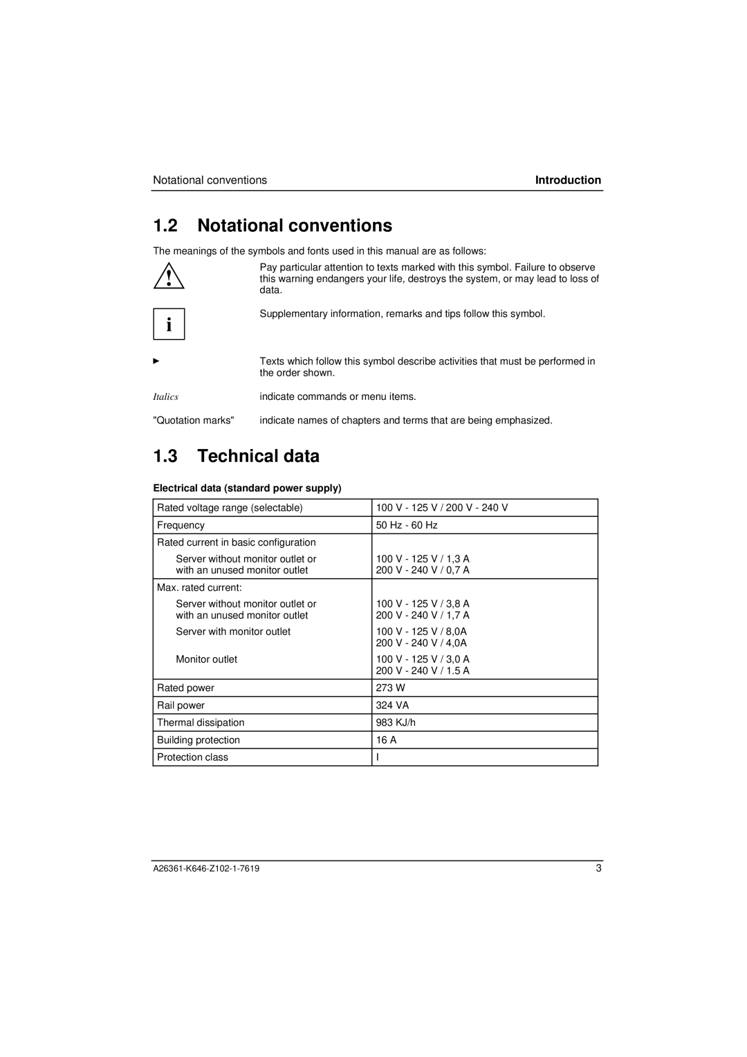 Fujitsu B120 manual Notational conventions, Technical data, Introduction, Electrical data standard power supply 