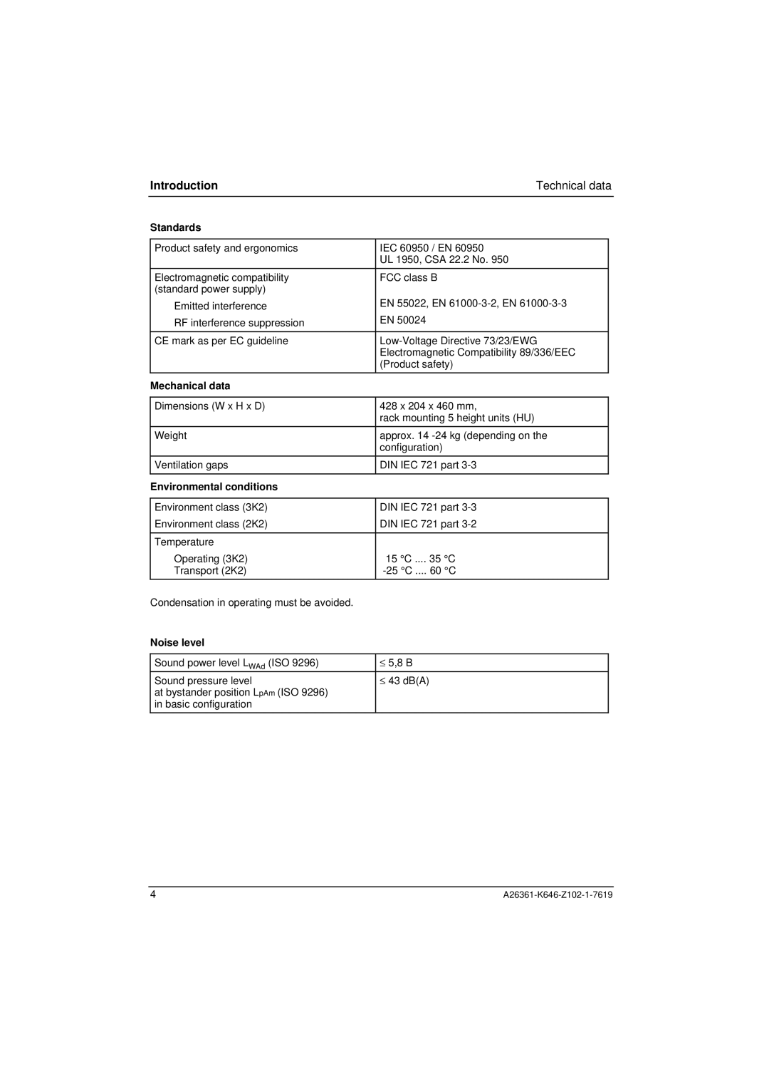 Fujitsu B120 manual Standards, Mechanical data, Environmental conditions, Noise level 