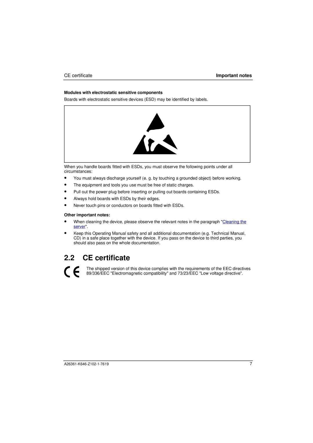 Fujitsu B120 manual CE certificate, Important notes, Modules with electrostatic sensitive components, Other important notes 