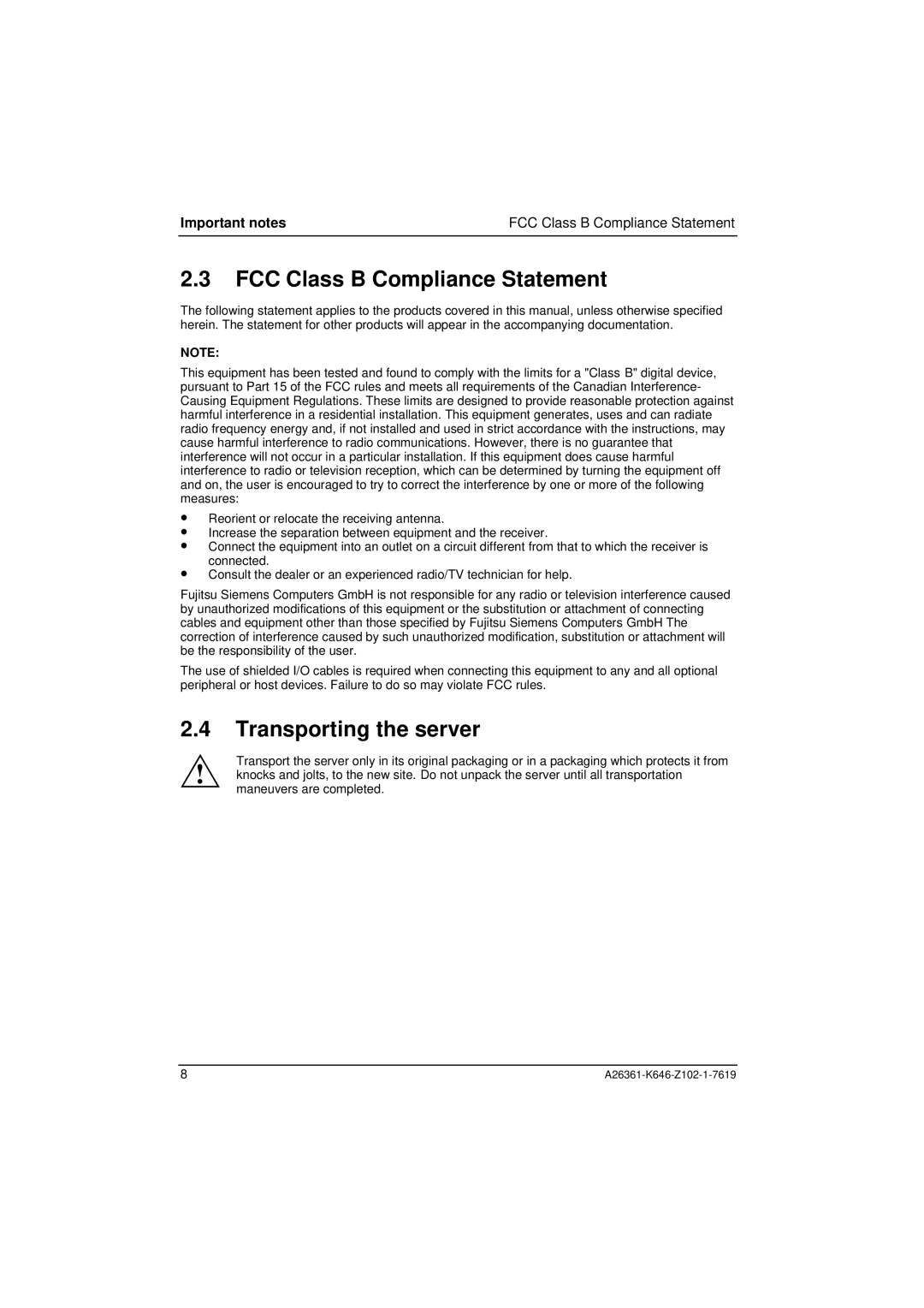 Fujitsu B120 manual FCC Class B Compliance Statement, Transporting the server 