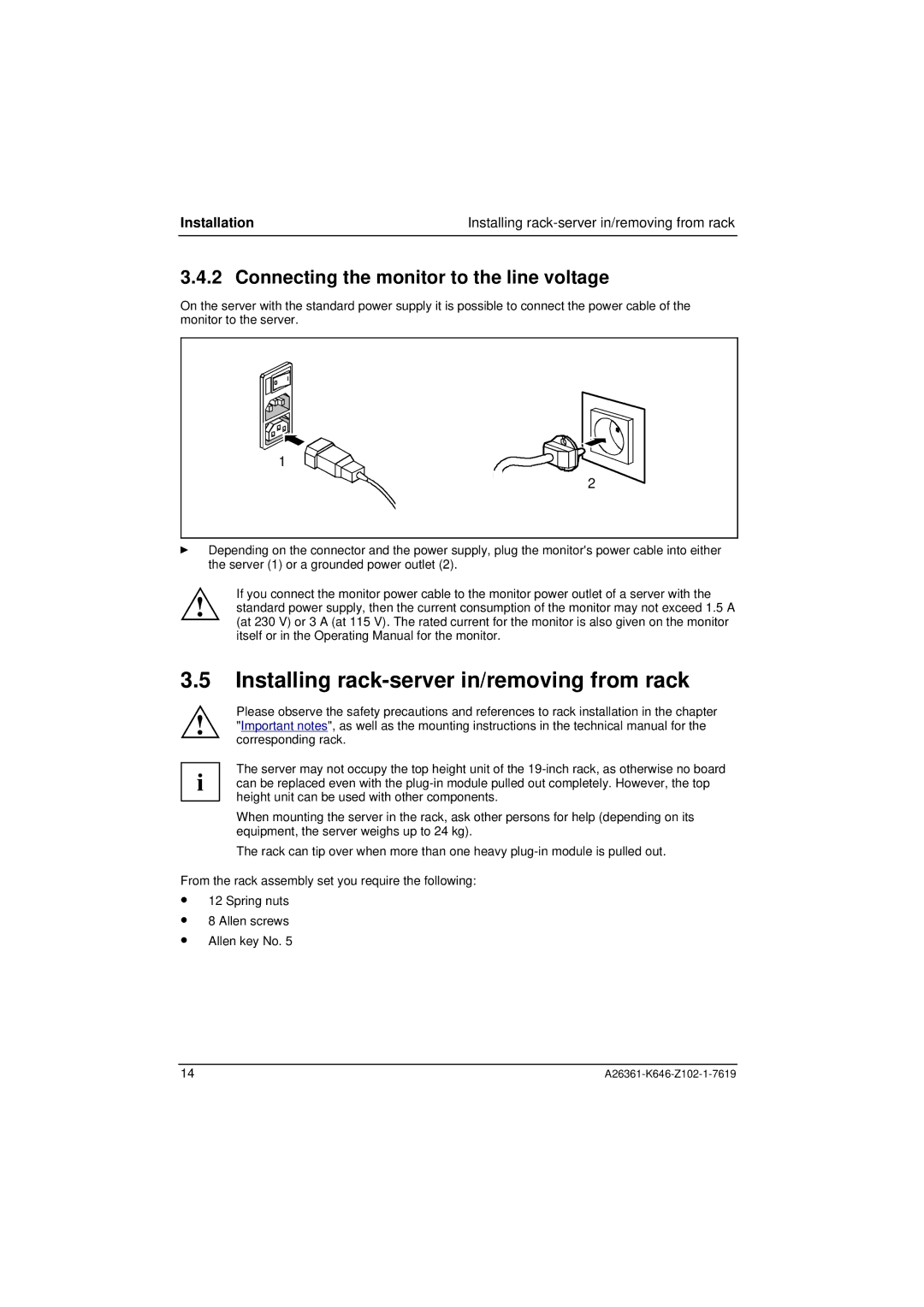 Fujitsu B120 manual Installing rack-server in/removing from rack, Connecting the monitor to the line voltage 