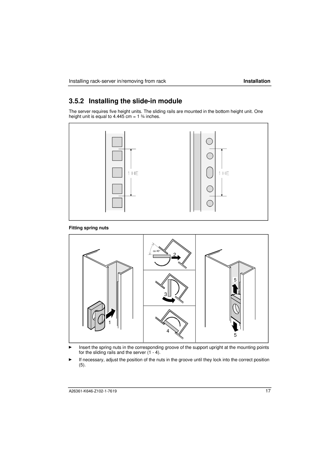 Fujitsu B120 manual Installing the slide-in module, Fitting spring nuts 