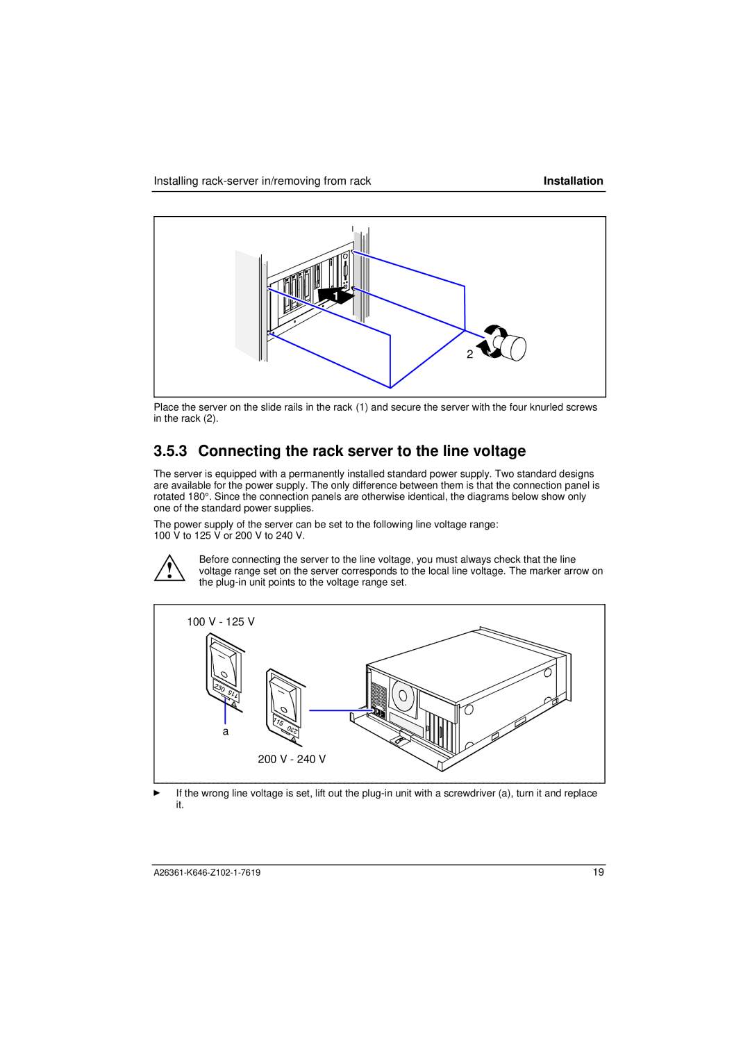 Fujitsu B120 manual Connecting the rack server to the line voltage 