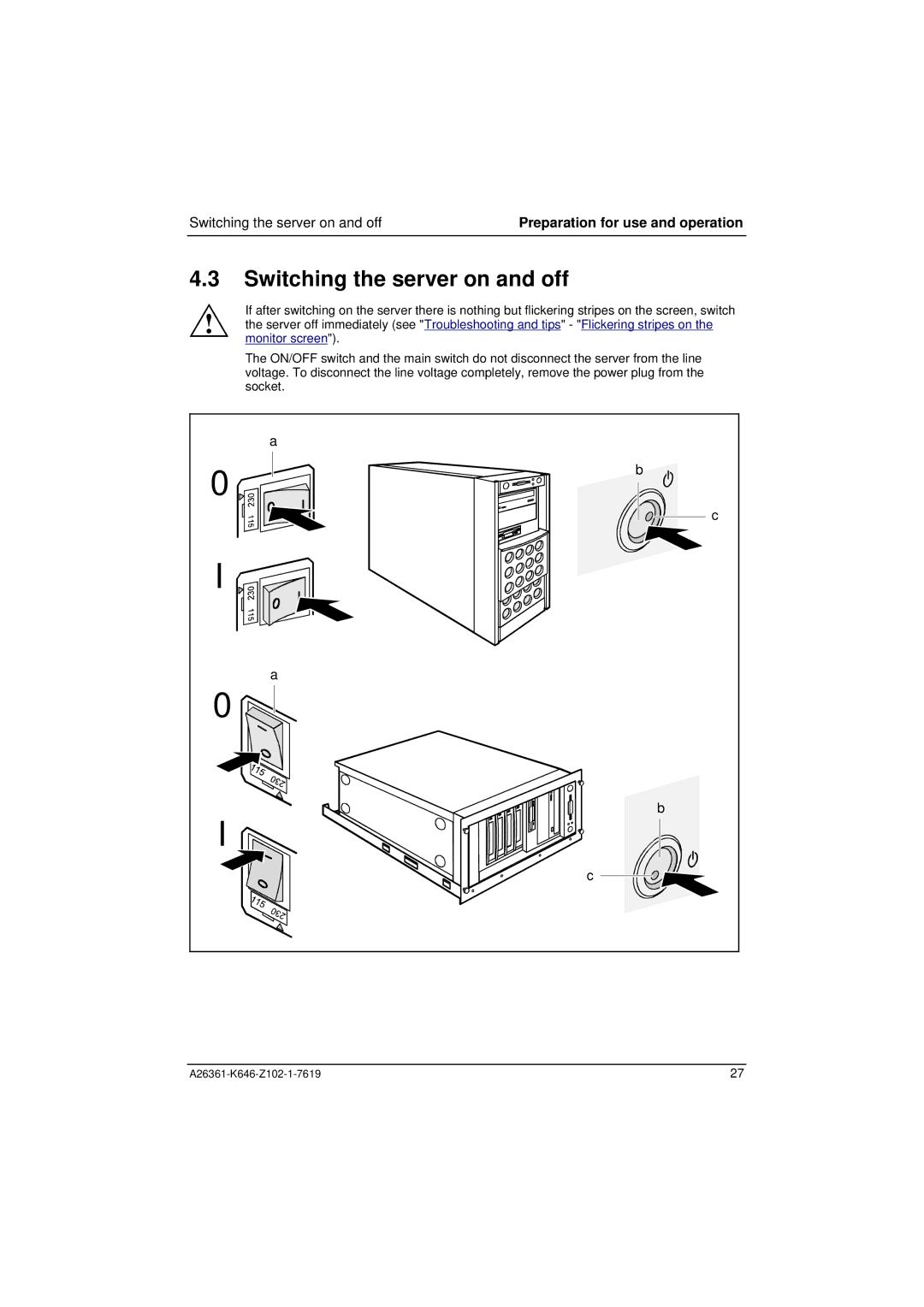 Fujitsu B120 manual Switching the server on and off, Monitor screen 