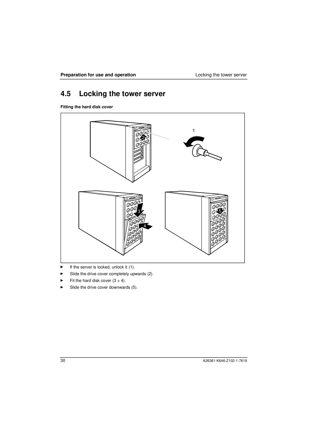 Fujitsu B120 manual Locking the tower server, Fitting the hard disk cover 