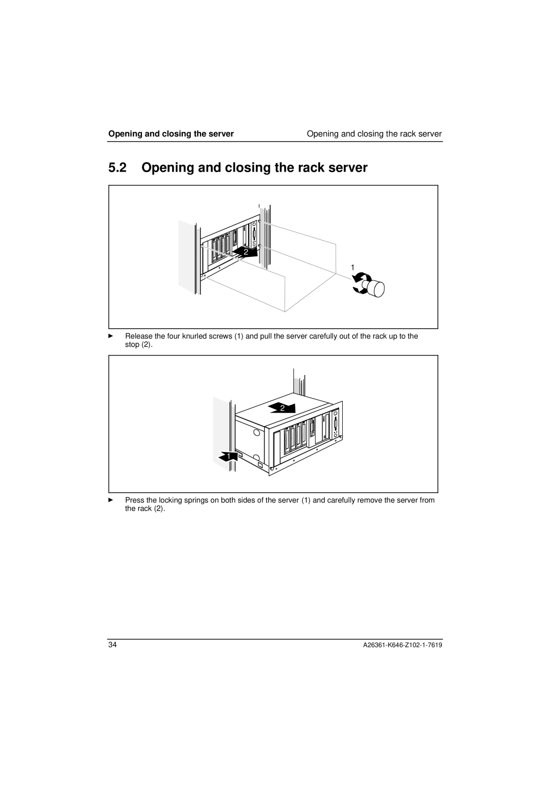 Fujitsu B120 manual Opening and closing the rack server, Opening and closing the server 