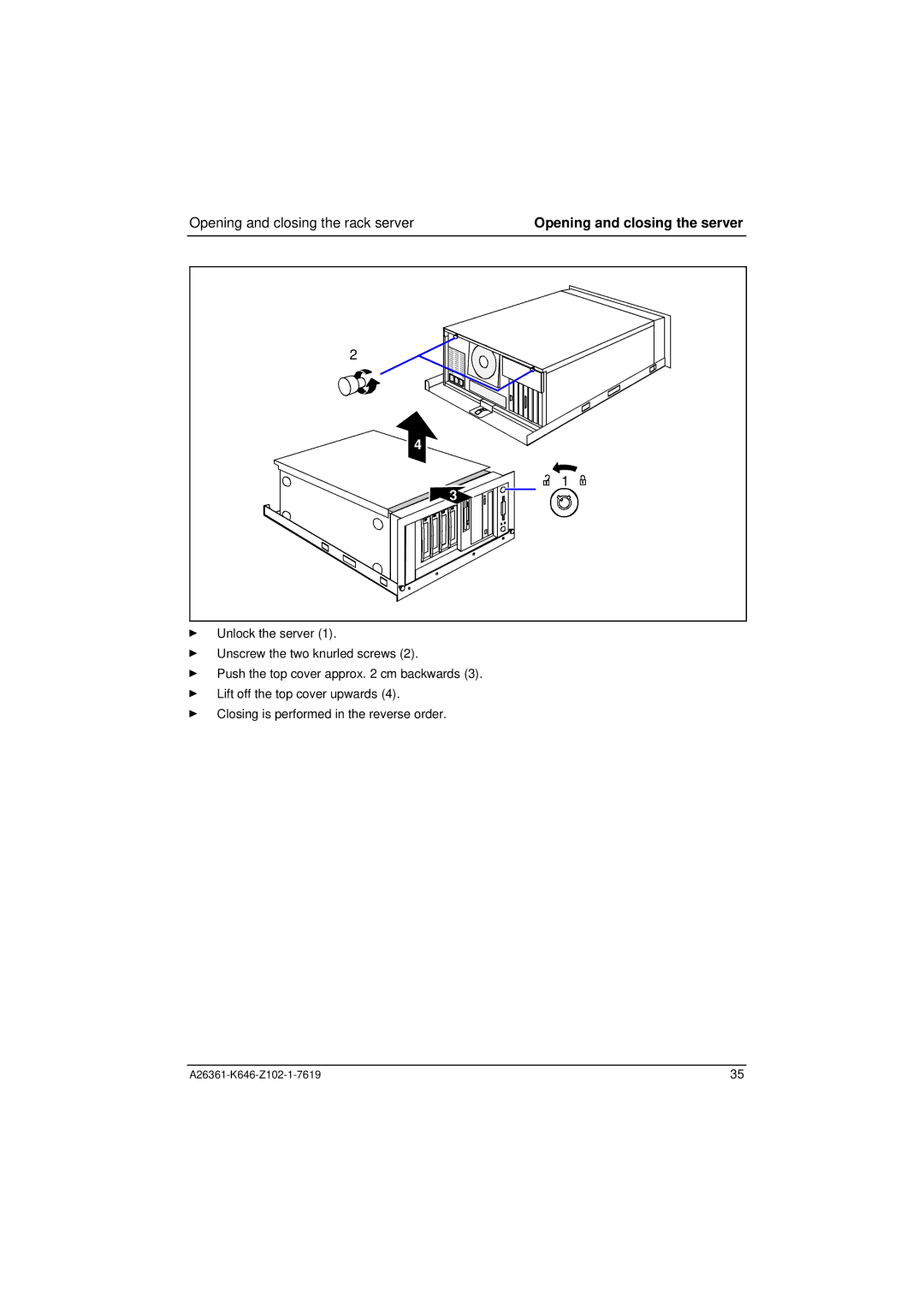 Fujitsu B120 manual Opening and closing the rack server 