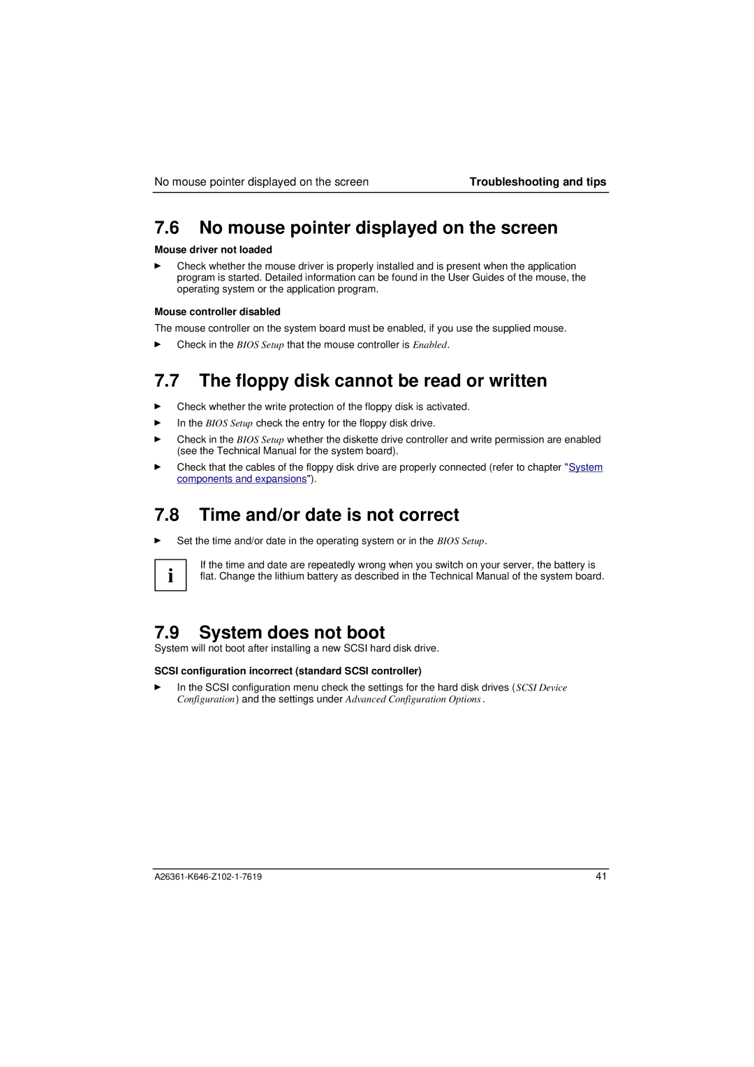 Fujitsu B120 manual No mouse pointer displayed on the screen, Floppy disk cannot be read or written, System does not boot 