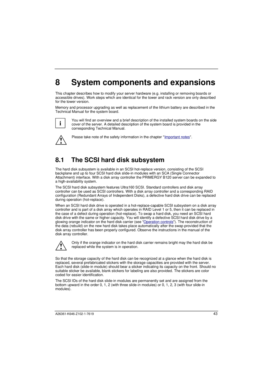 Fujitsu B120 manual System components and expansions, Scsi hard disk subsystem 