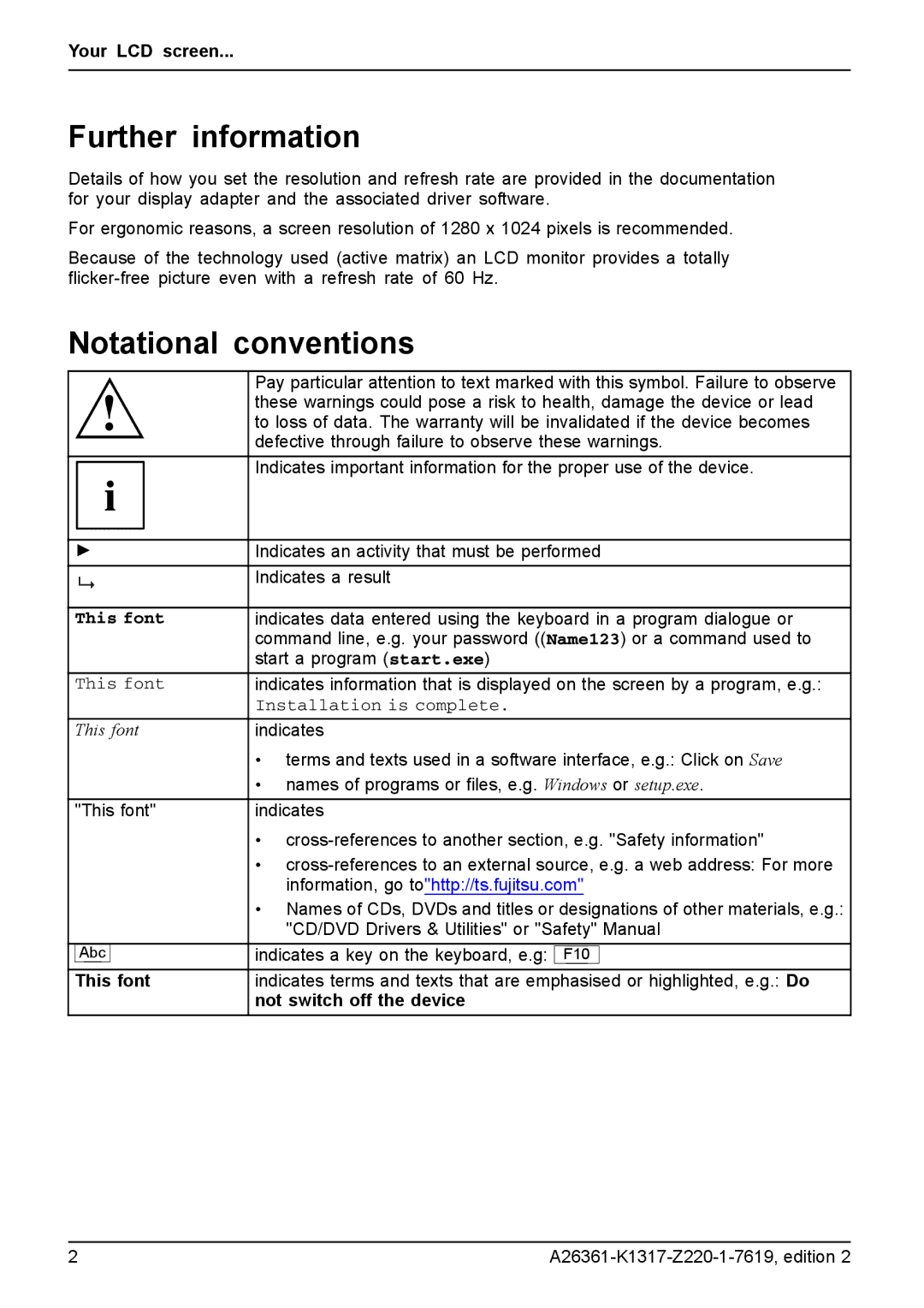 Fujitsu B19-5 ECO, B17-5 ECO manual Further information, Notational conventions, This font, Not switch off the device 