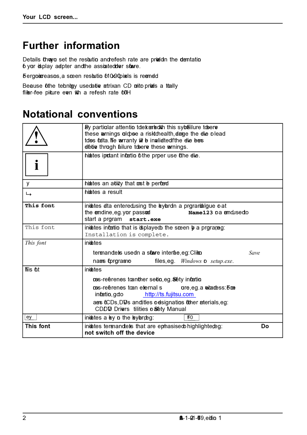 Fujitsu B19W-5 ECO manual Further information, Notational conventions, This font, Not switch off the device 