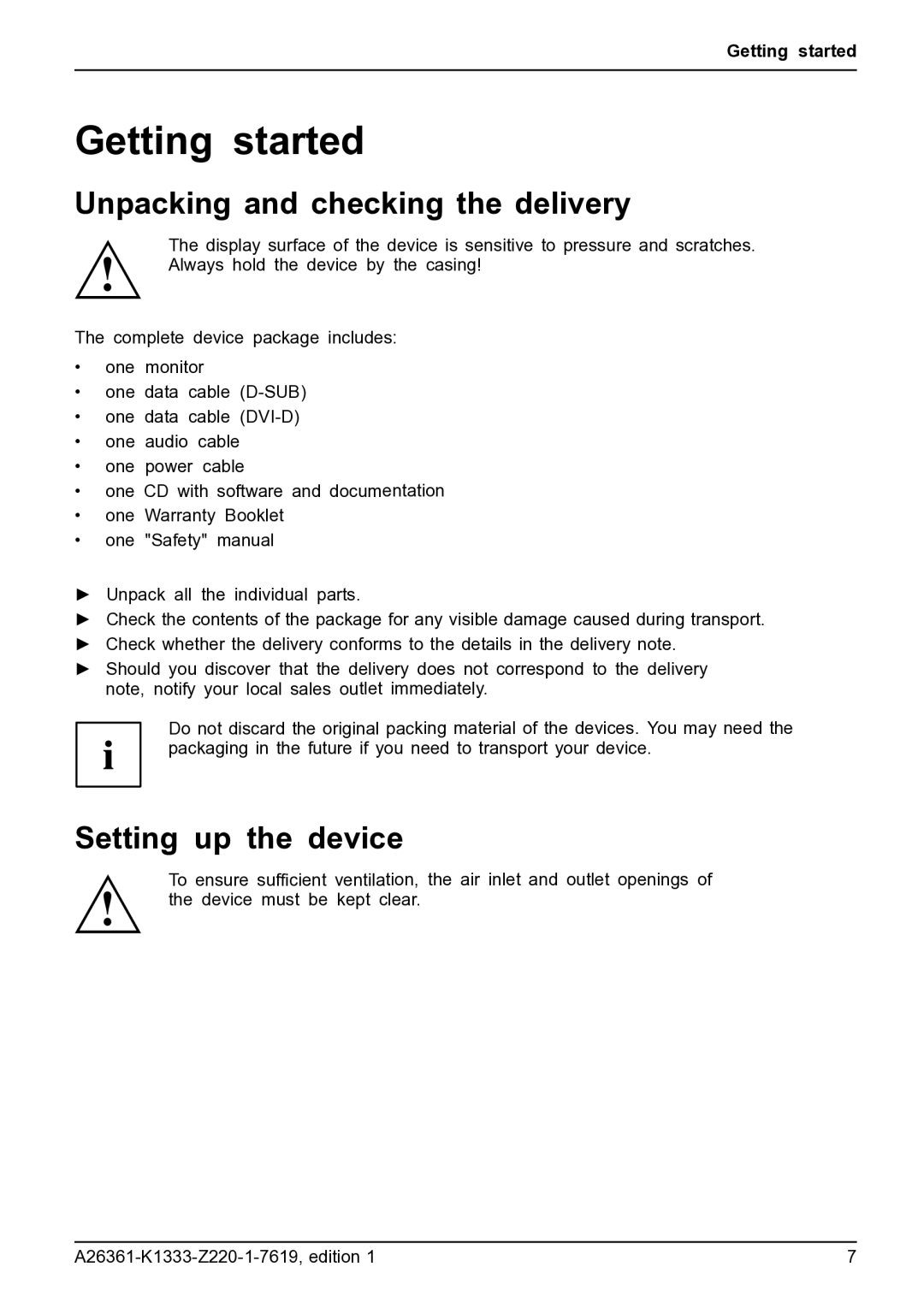 Fujitsu B19W-5 ECO manual Getting started, Unpacking and checking the delivery, Setting up the device 