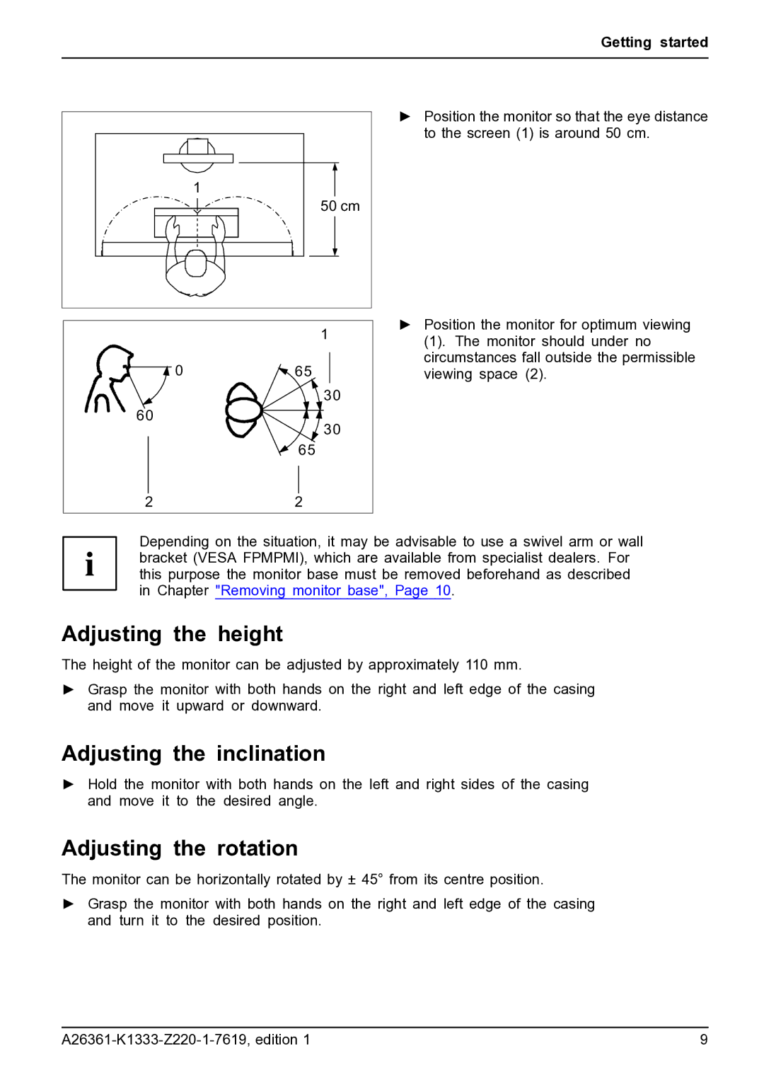 Fujitsu B19W-5 ECO manual Adjusting the height, Adjusting the inclination, Adjusting the rotation 