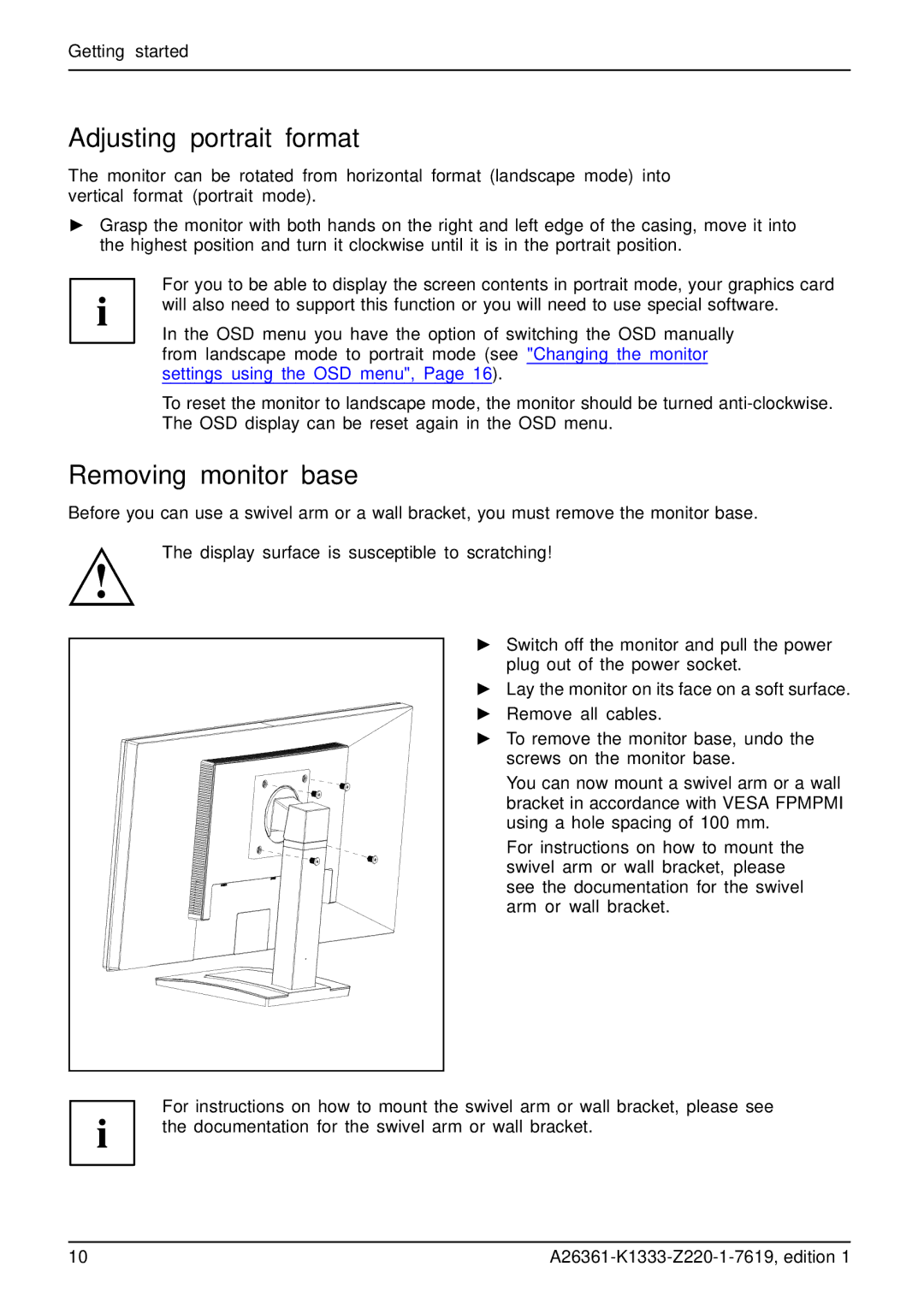 Fujitsu B19W-5 ECO manual Adjusting portrait format, Removing monitor base 