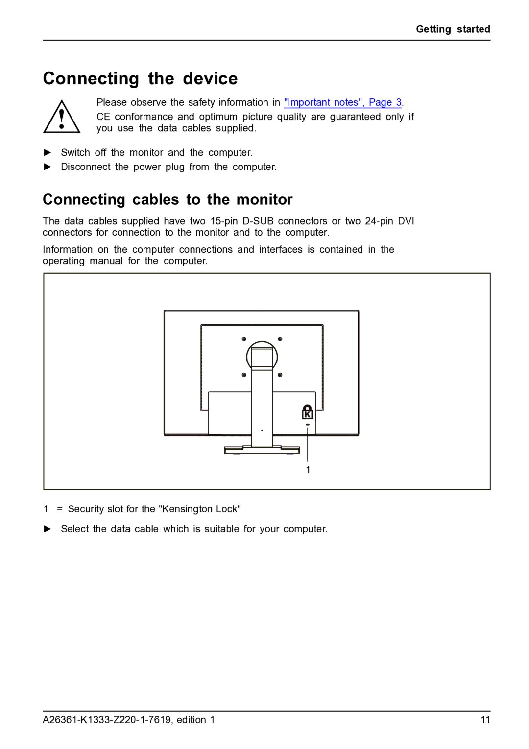 Fujitsu B19W-5 ECO manual Connecting the device, Connecting cables to the monitor 