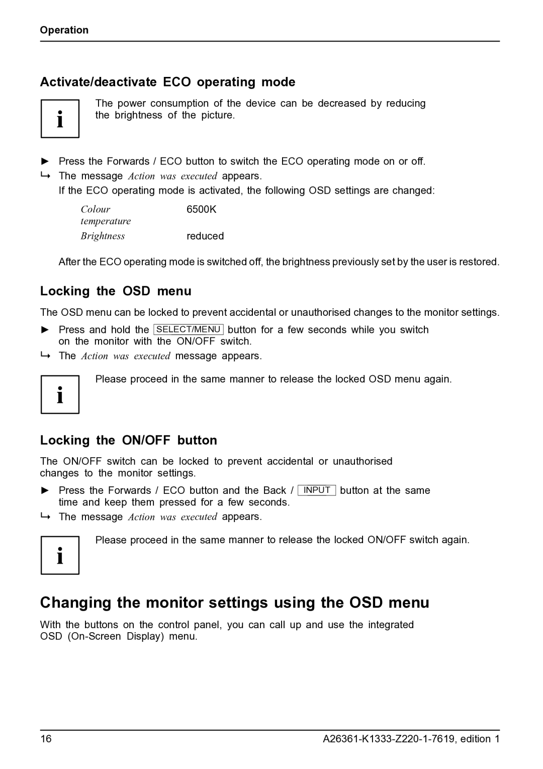 Fujitsu B19W-5 ECO manual Changing the monitor settings using the OSD menu, Activate/deactivate ECO operating mode 