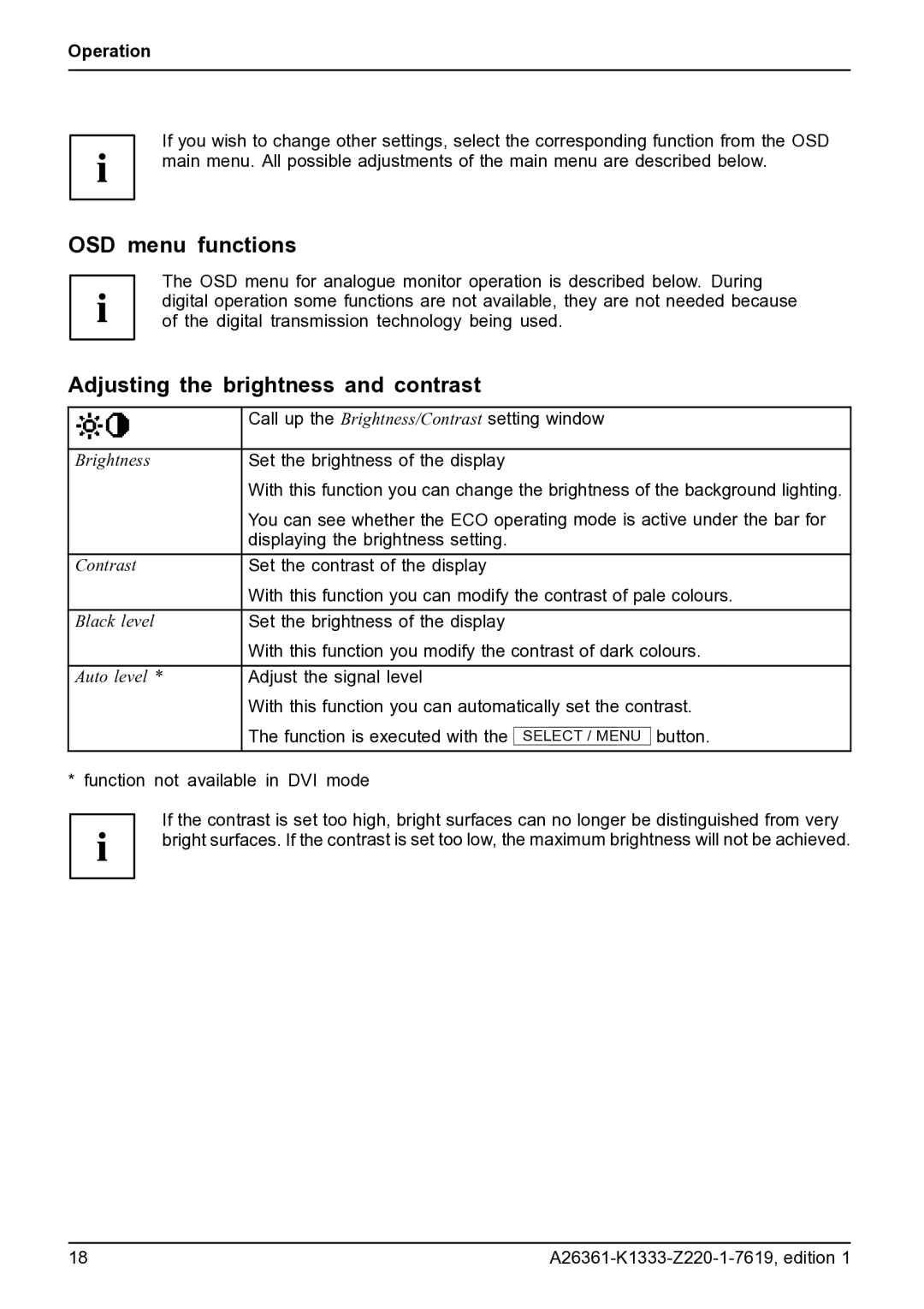 Fujitsu B19W-5 ECO manual OSD menu functions, Adjusting the brightness and contrast 