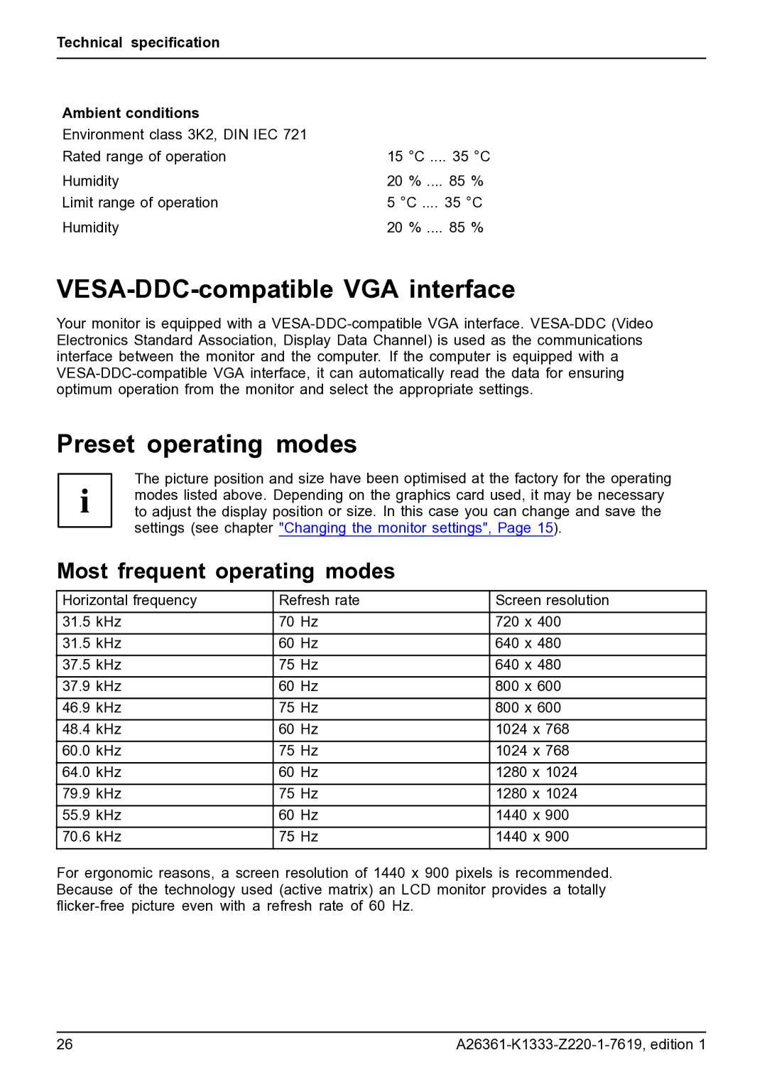 Fujitsu B19W-5 ECO manual VESA-DDC-compatible VGA interface, Preset operating modes, Most frequent operating modes 