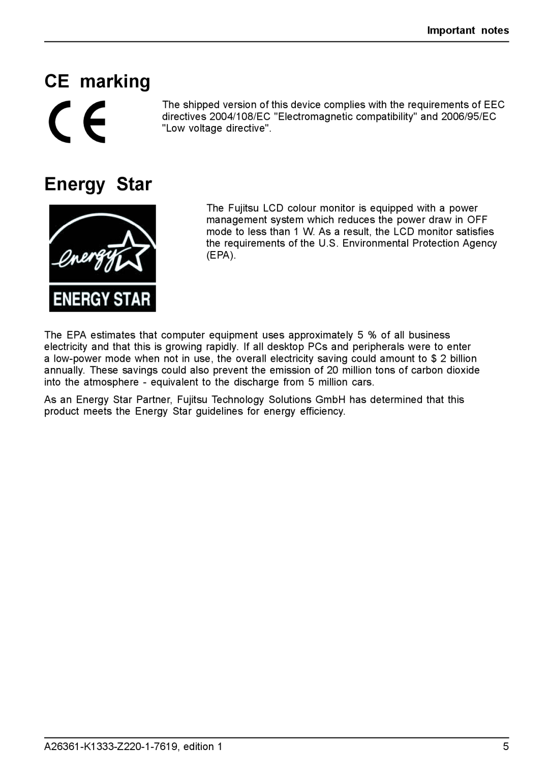 Fujitsu B19W-5 ECO manual CE marking, Energy Star, Important notes 