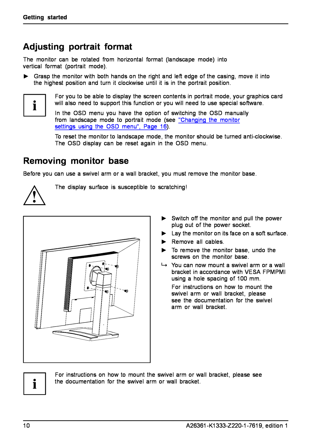 Fujitsu B19W-5 ECO manual Adjusting portrait format, Removing monitor base, Getting started 