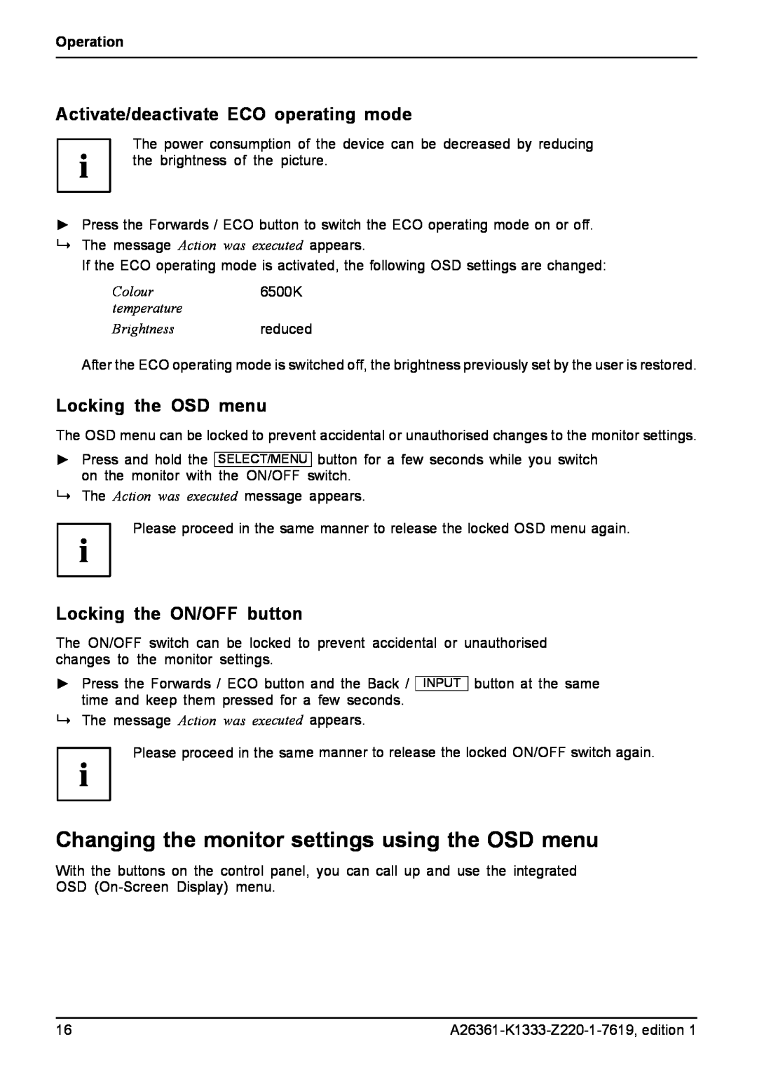 Fujitsu B19W-5 ECO Changing the monitor settings using the OSD menu, Activate/deactivate ECO operating mode, Operation 