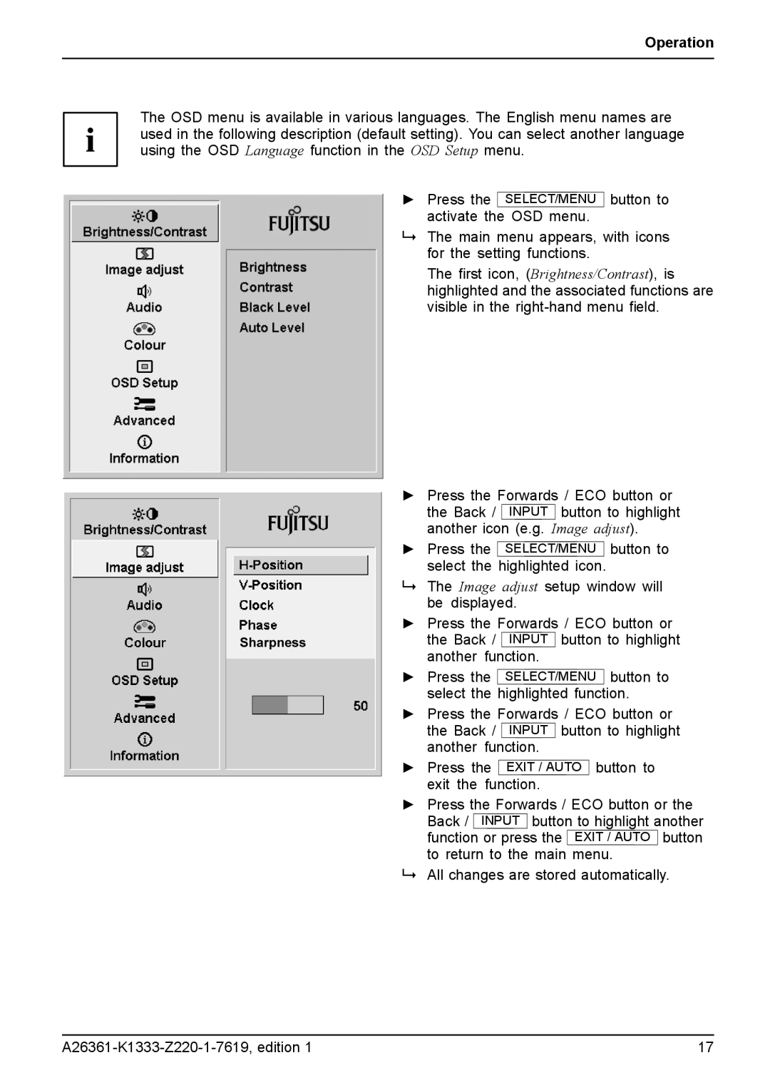Fujitsu B19W-5 ECO manual Operation, Press the SELECT/MENU activate the OSD menu 