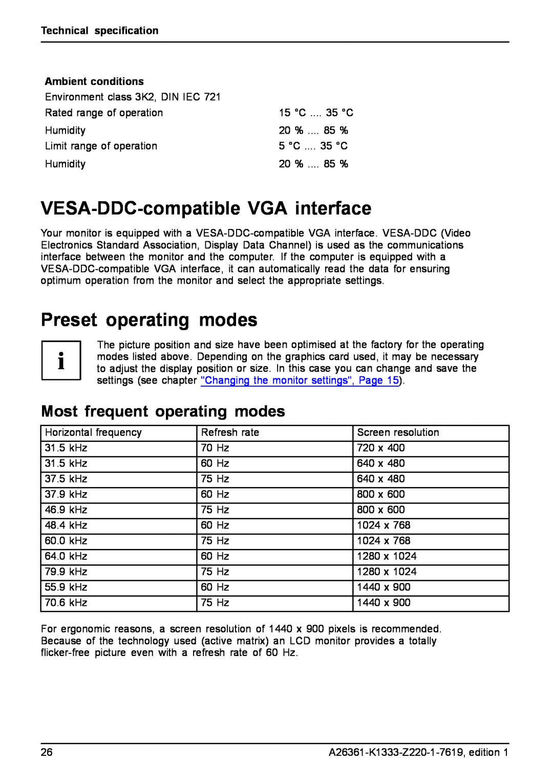 Fujitsu B19W-5 ECO manual VESA-DDC-compatible VGA interface, Preset operating modes, Most frequent operating modes 