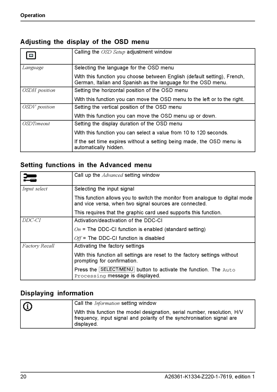 Fujitsu B24W-5 manual Adjusting the display of the OSD menu, Setting functions in the Advanced menu, Displaying information 