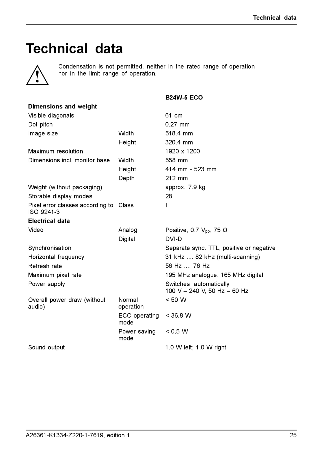 Fujitsu manual Technical data, B24W-5 ECO Dimensions and weight, Electrical data 