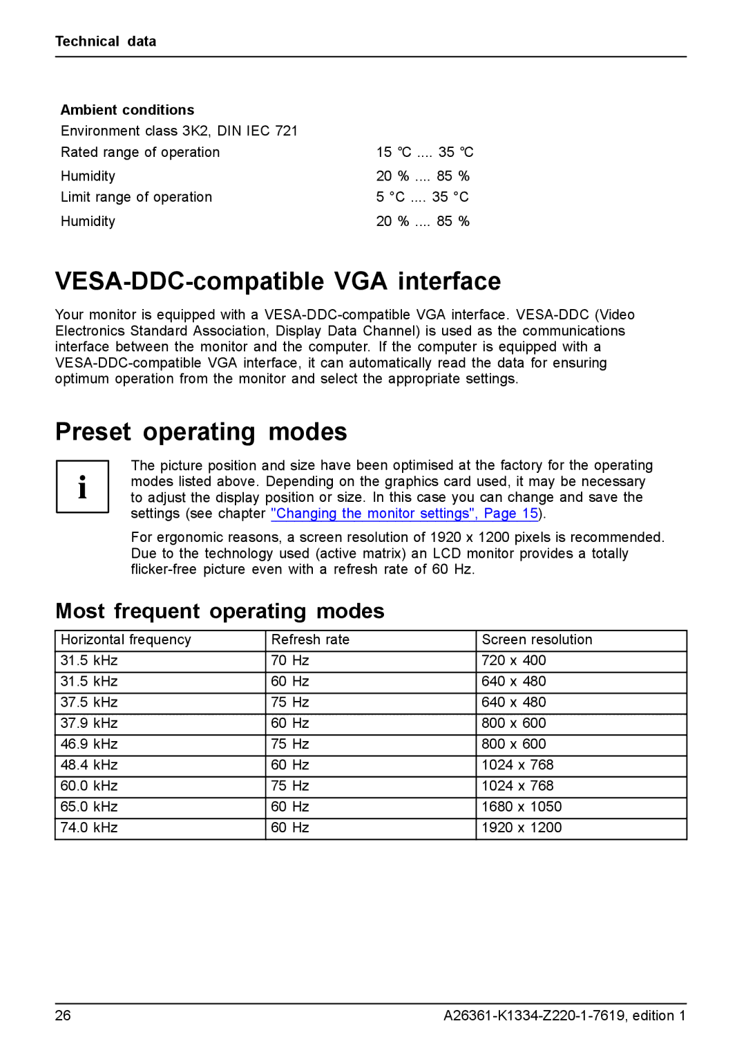 Fujitsu B24W-5 manual VESA-DDC-compatible VGA interface, Preset operating modes, Most frequent operating modes 