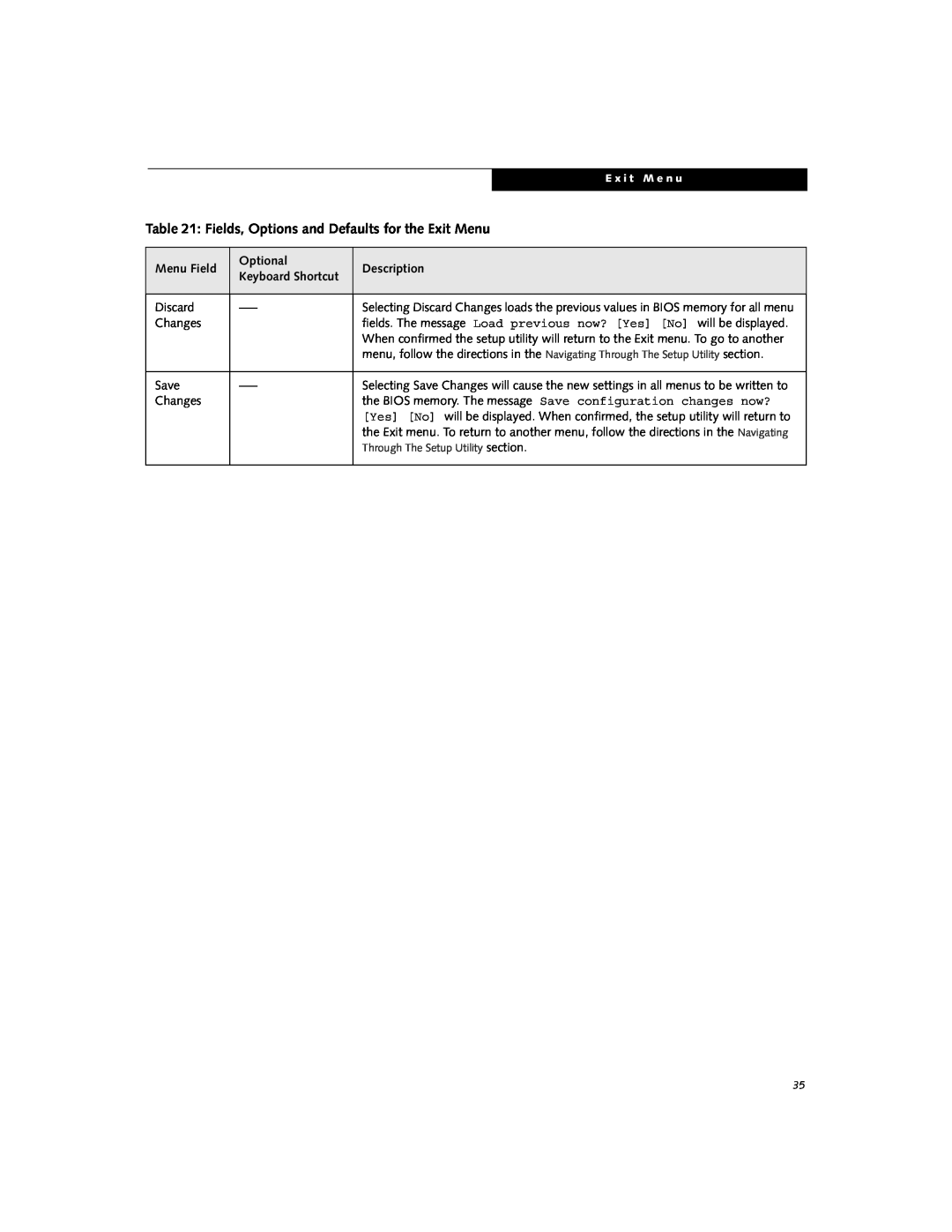 Fujitsu B2610 manual Fields, Options and Defaults for the Exit Menu, Menu Field, Optional, Description 