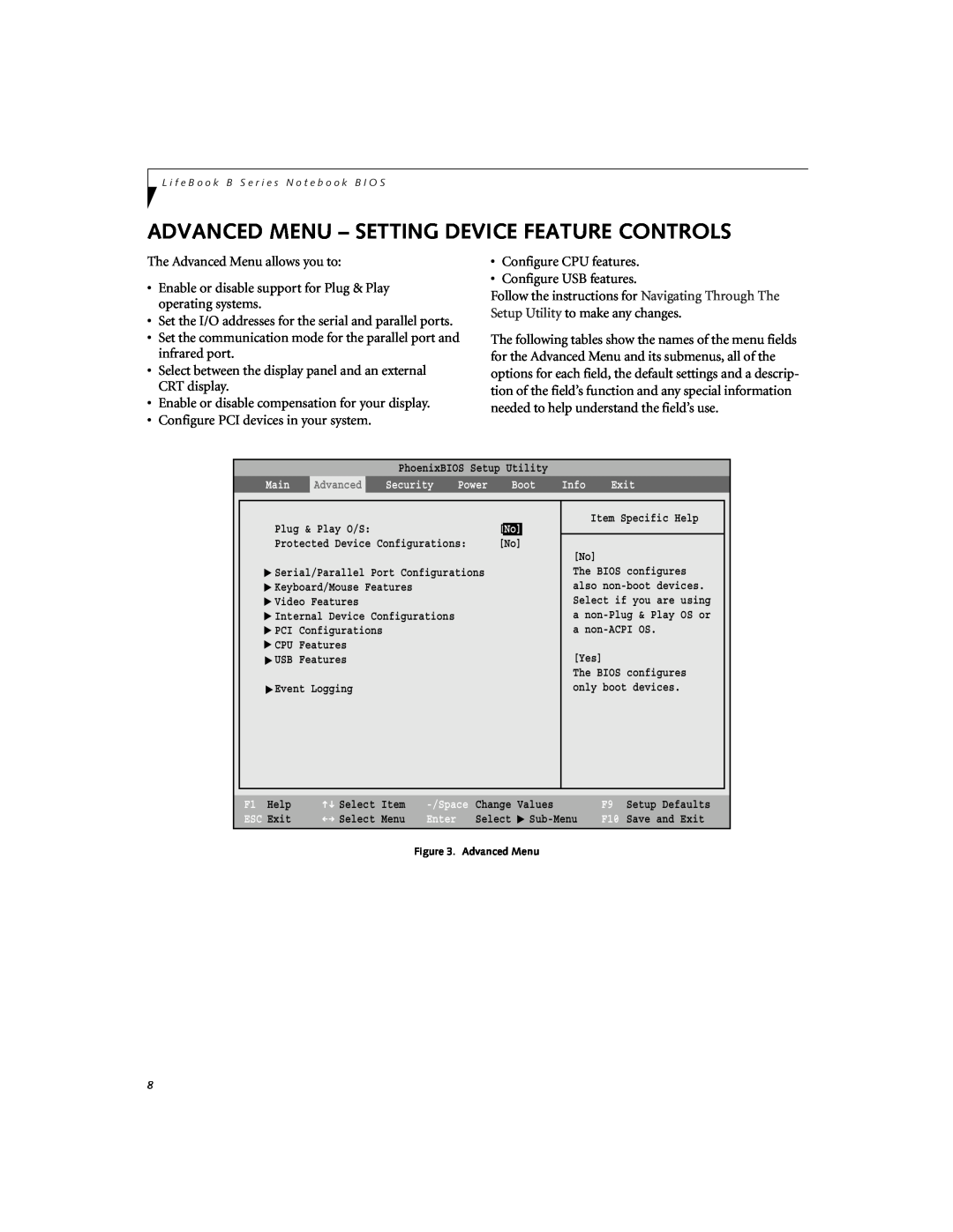 Fujitsu B2610 manual Advanced Menu - Setting Device Feature Controls 