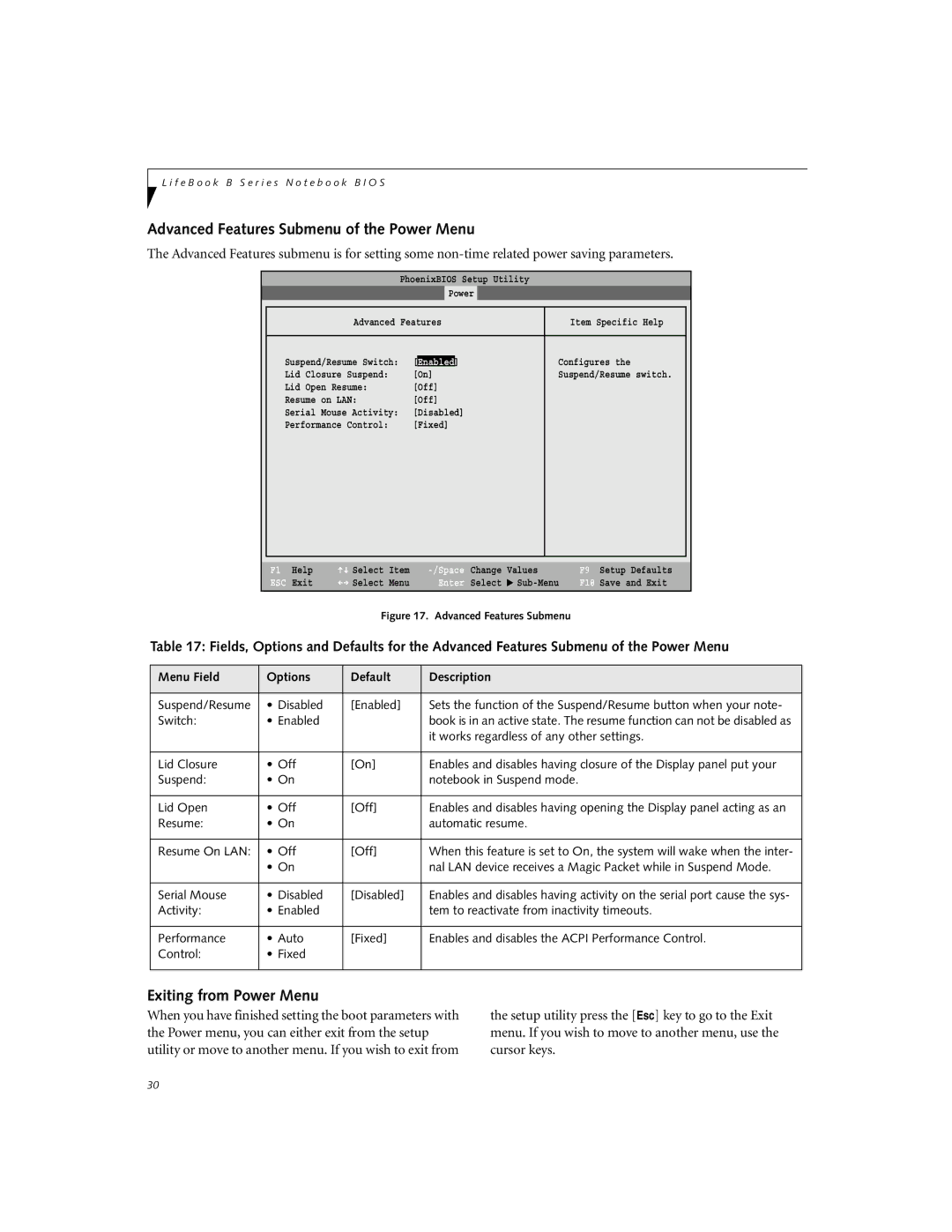 Fujitsu B2610 manual Advanced Features Submenu of the Power Menu, Exiting from Power Menu 