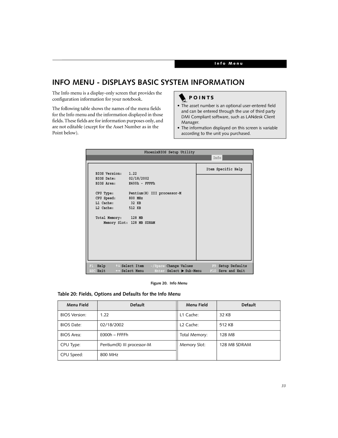 Fujitsu B2610 manual Info Menu Displays Basic System Information, Fields, Options and Defaults for the Info Menu 