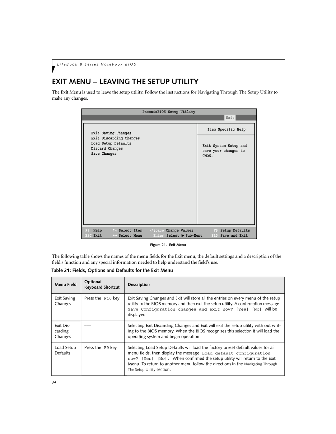 Fujitsu B2610 manual Exit Menu Leaving the Setup Utility, Fields, Options and Defaults for the Exit Menu 