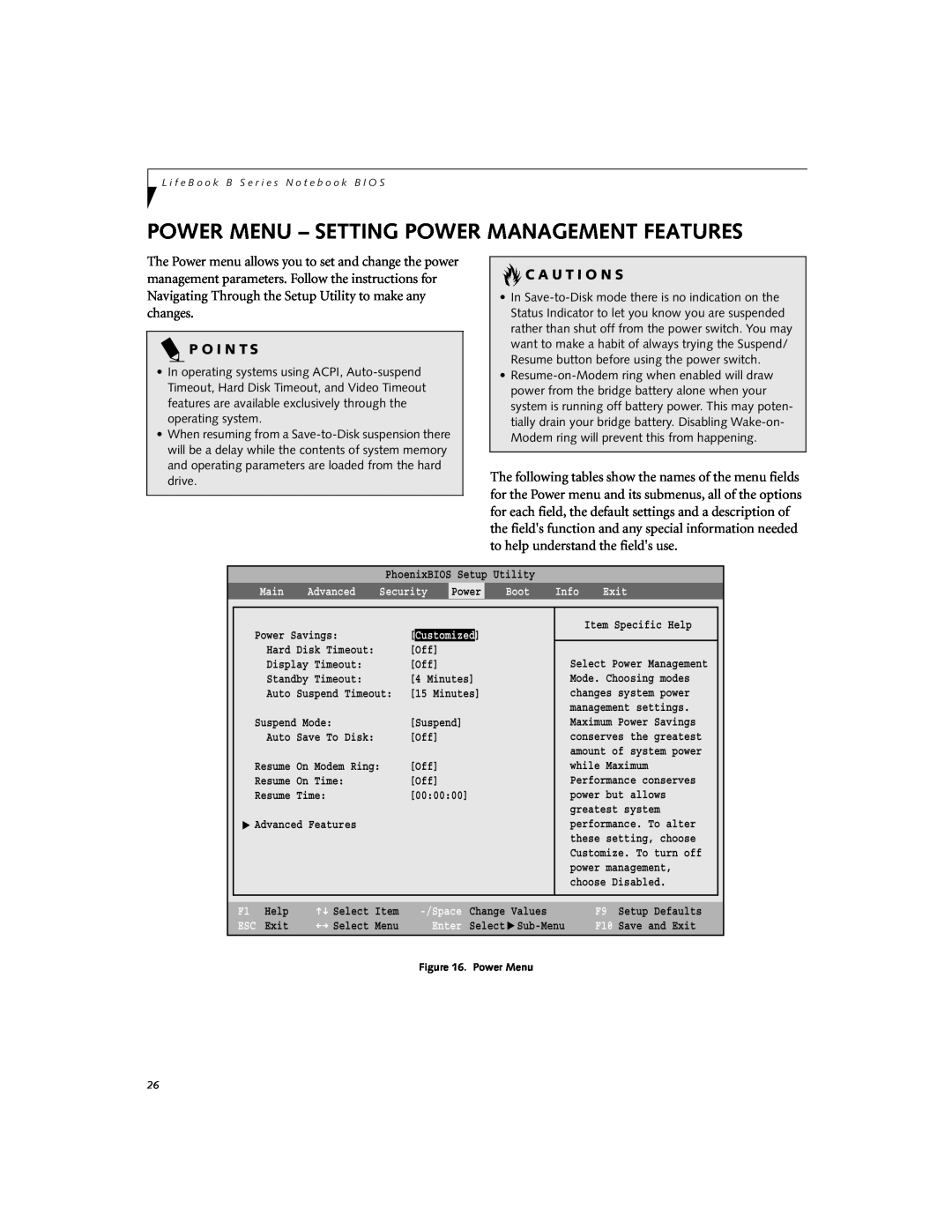Fujitsu B2620 manual Power Menu - Setting Power Management Features, P O I N T S, C A U T I O N S 