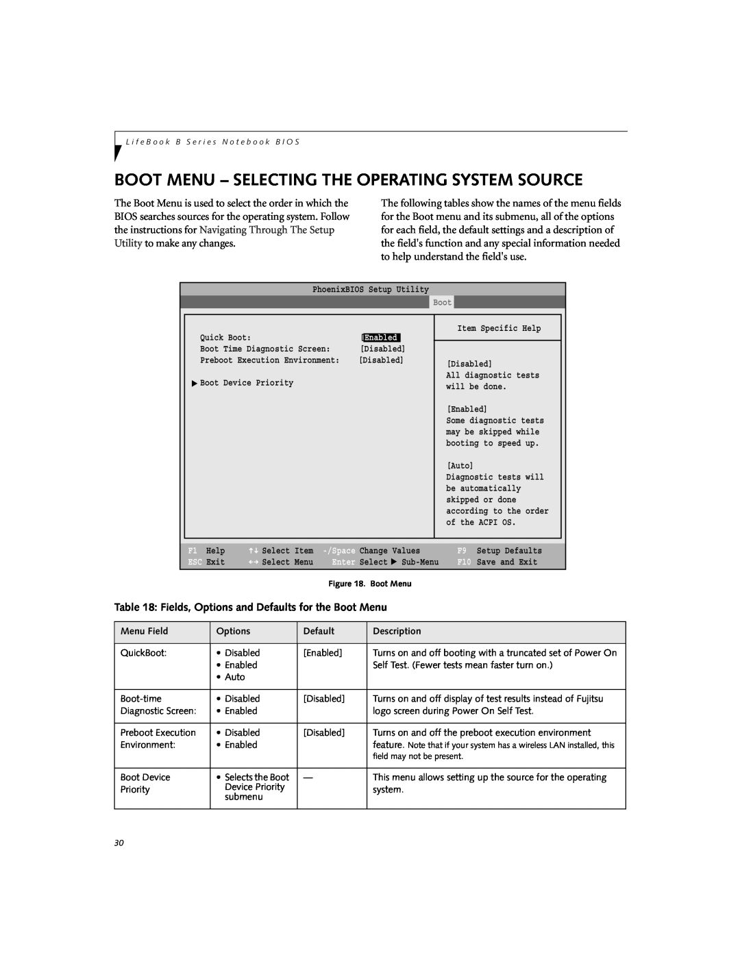 Fujitsu B2620 manual Boot Menu - Selecting The Operating System Source, Fields, Options and Defaults for the Boot Menu 