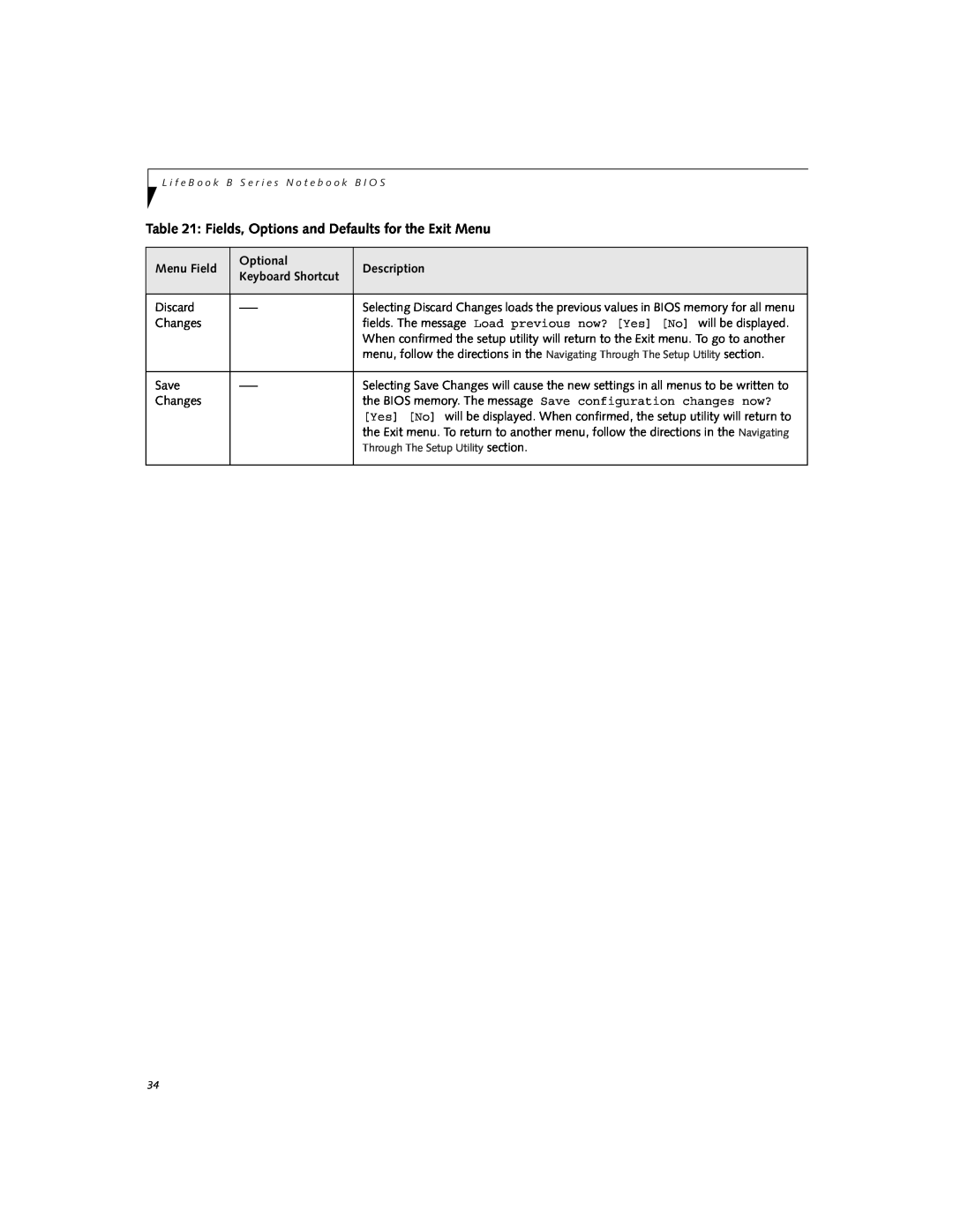 Fujitsu B2620 manual Fields, Options and Defaults for the Exit Menu, Menu Field, Optional, Description 