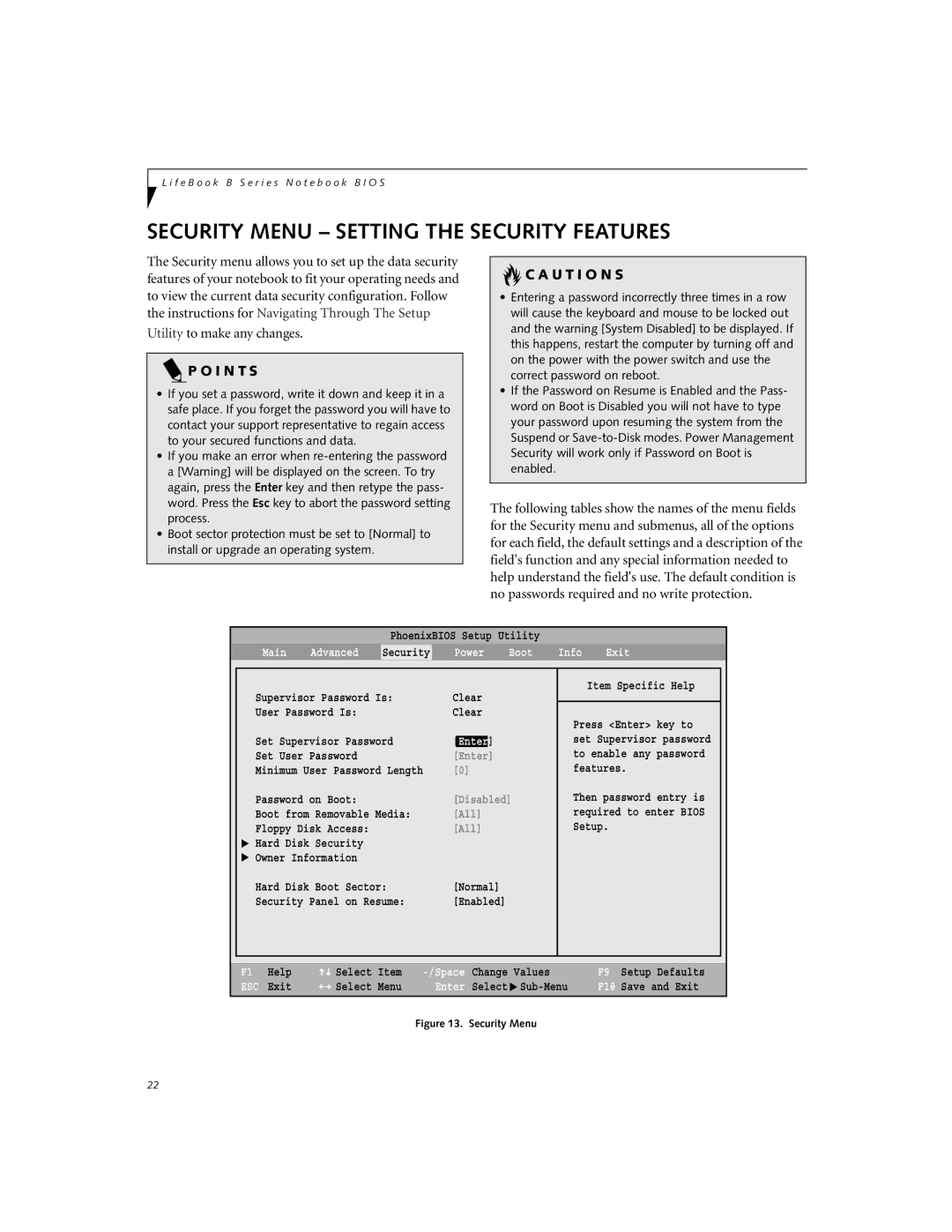 Fujitsu B2620 manual Security Menu Setting the Security Features, U T I O N S 