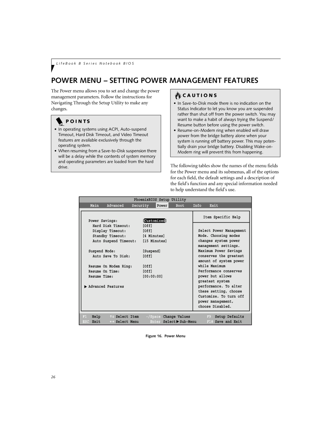 Fujitsu B2620 manual Power Menu Setting Power Management Features 